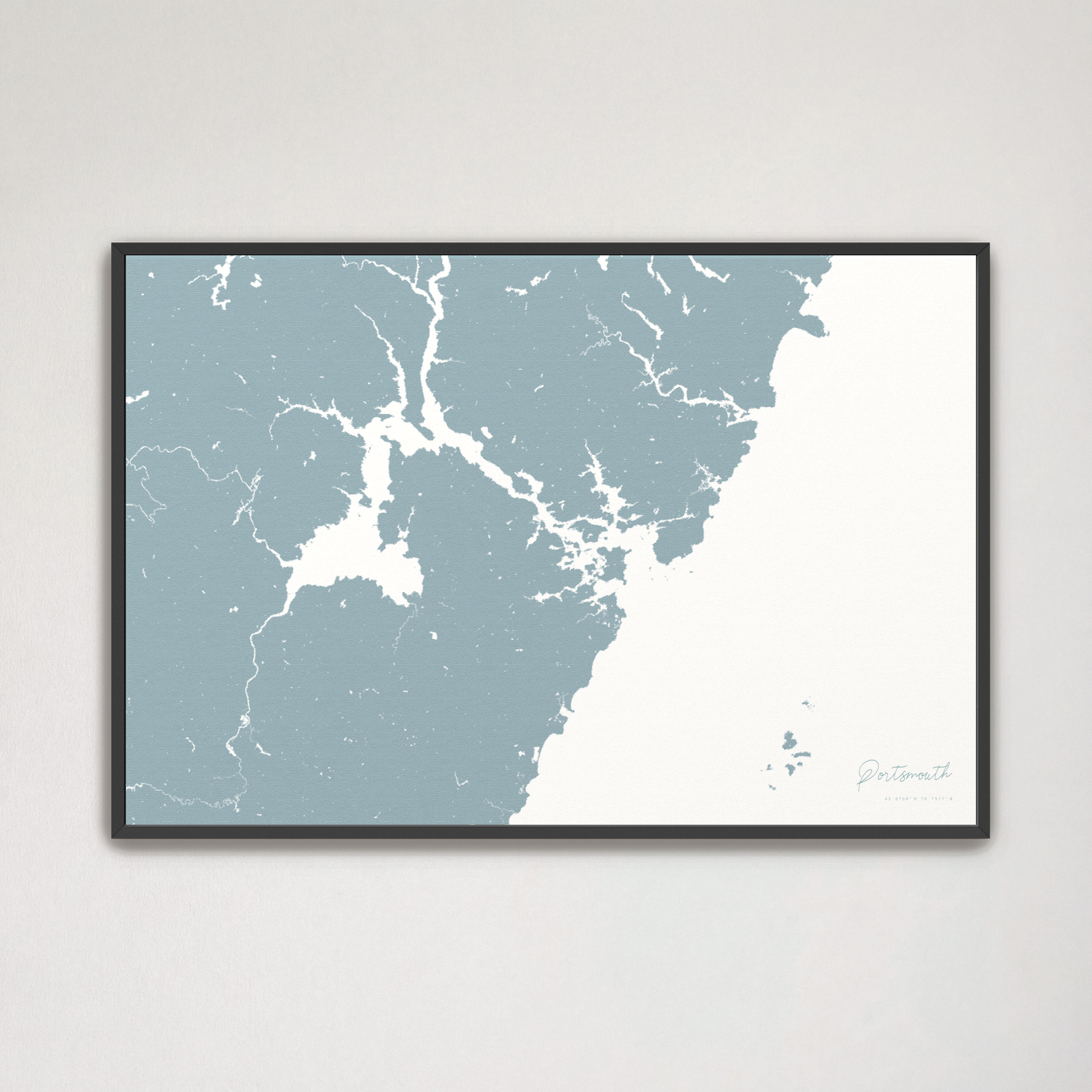Portsmouth Coastal Map — Canvas Horizontal, soft-blue, Black Frame