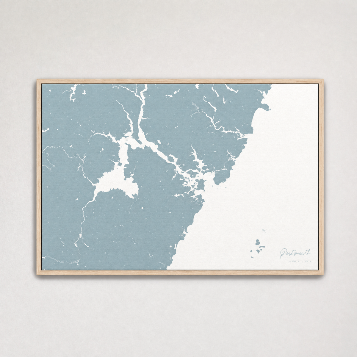 Portsmouth Coastal Map — Canvas Horizontal — soft-blue, Light Wood