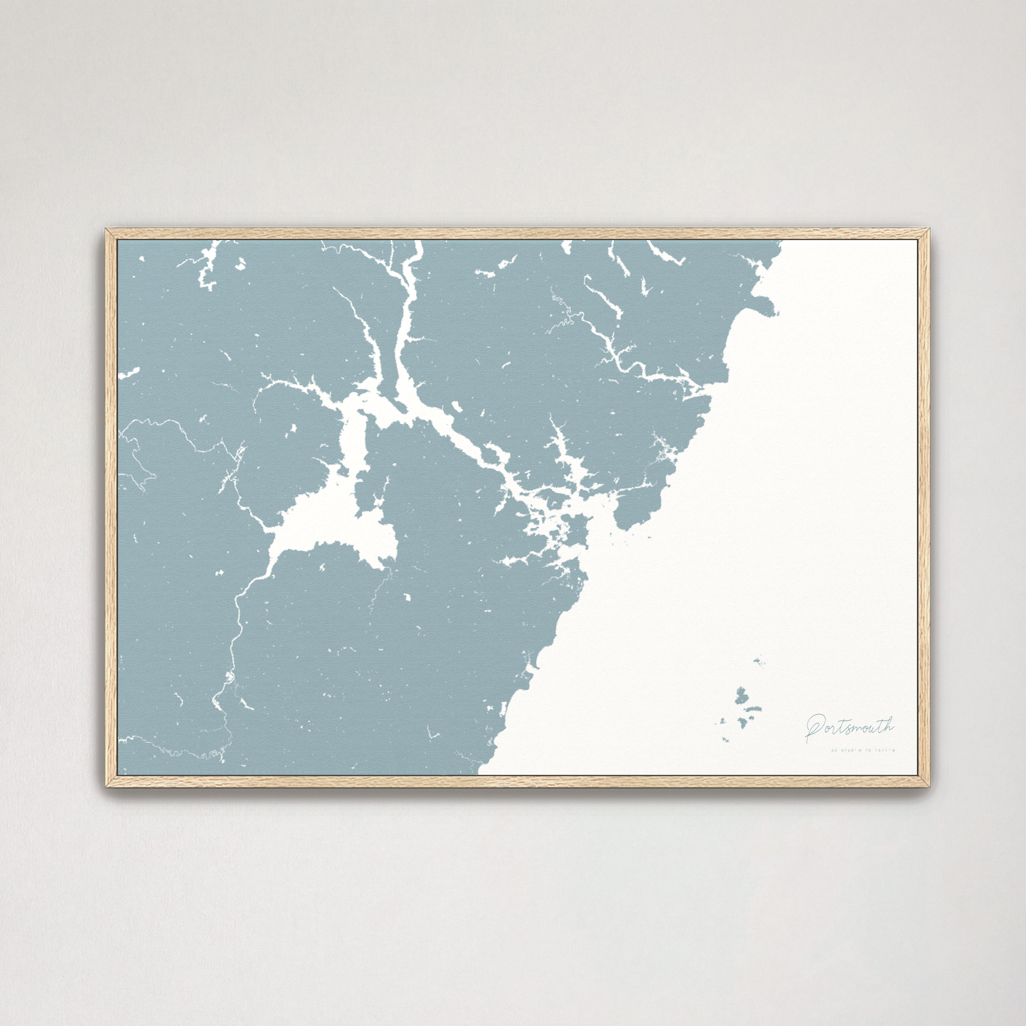 Portsmouth Coastal Map — Canvas Horizontal, soft-blue, Natural Oak