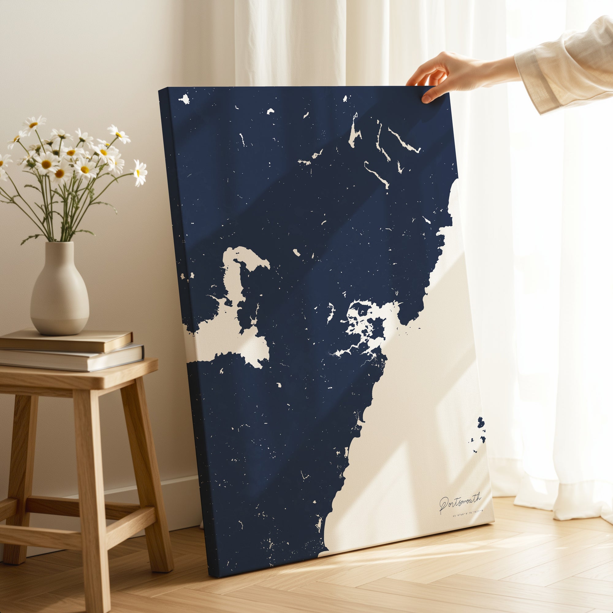 Portsmouth navy vertical wrapped canvas map in the ratio 2:3 hand mockup
