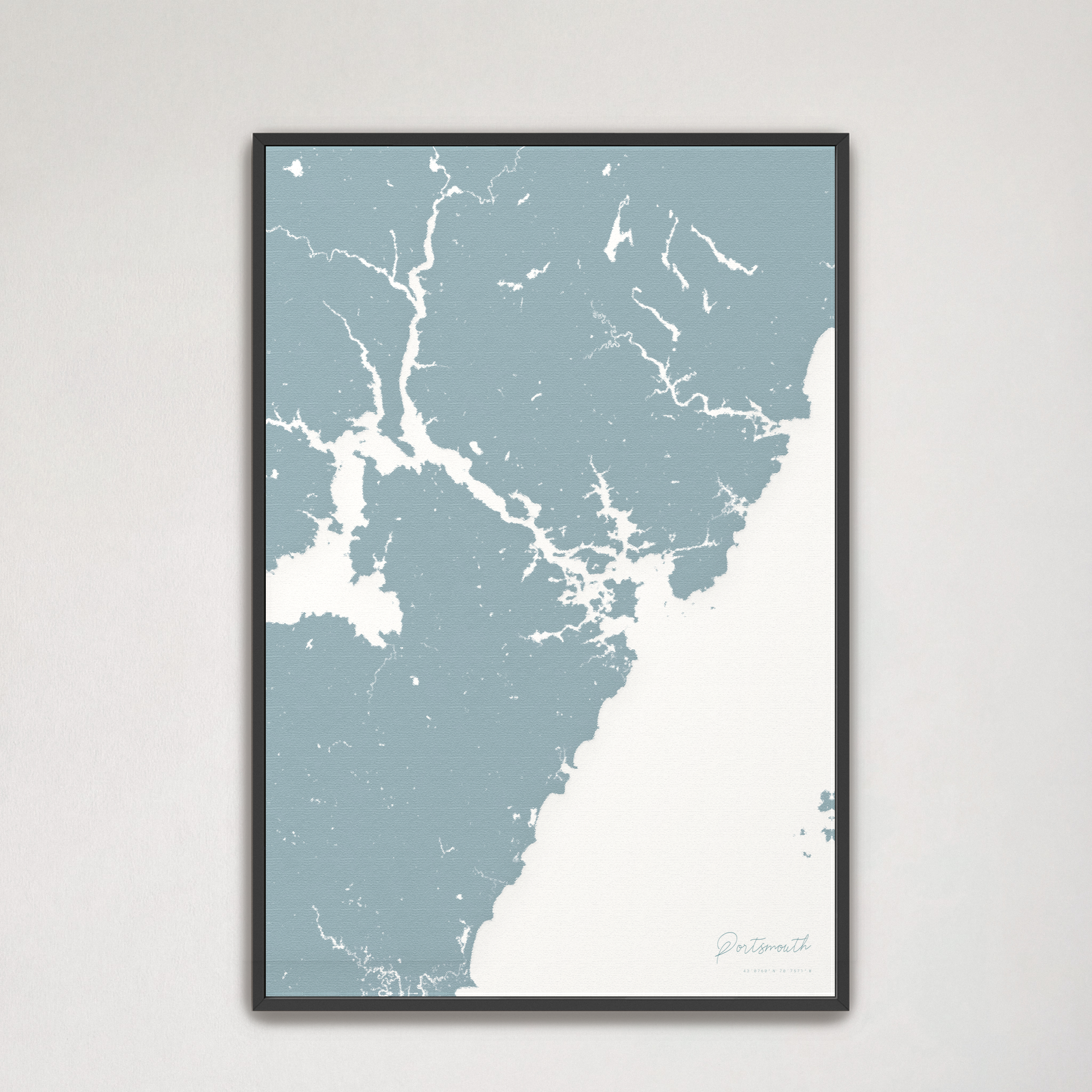 Portsmouth Coastal Map — Canvas Vertical, soft-blue, Black Frame