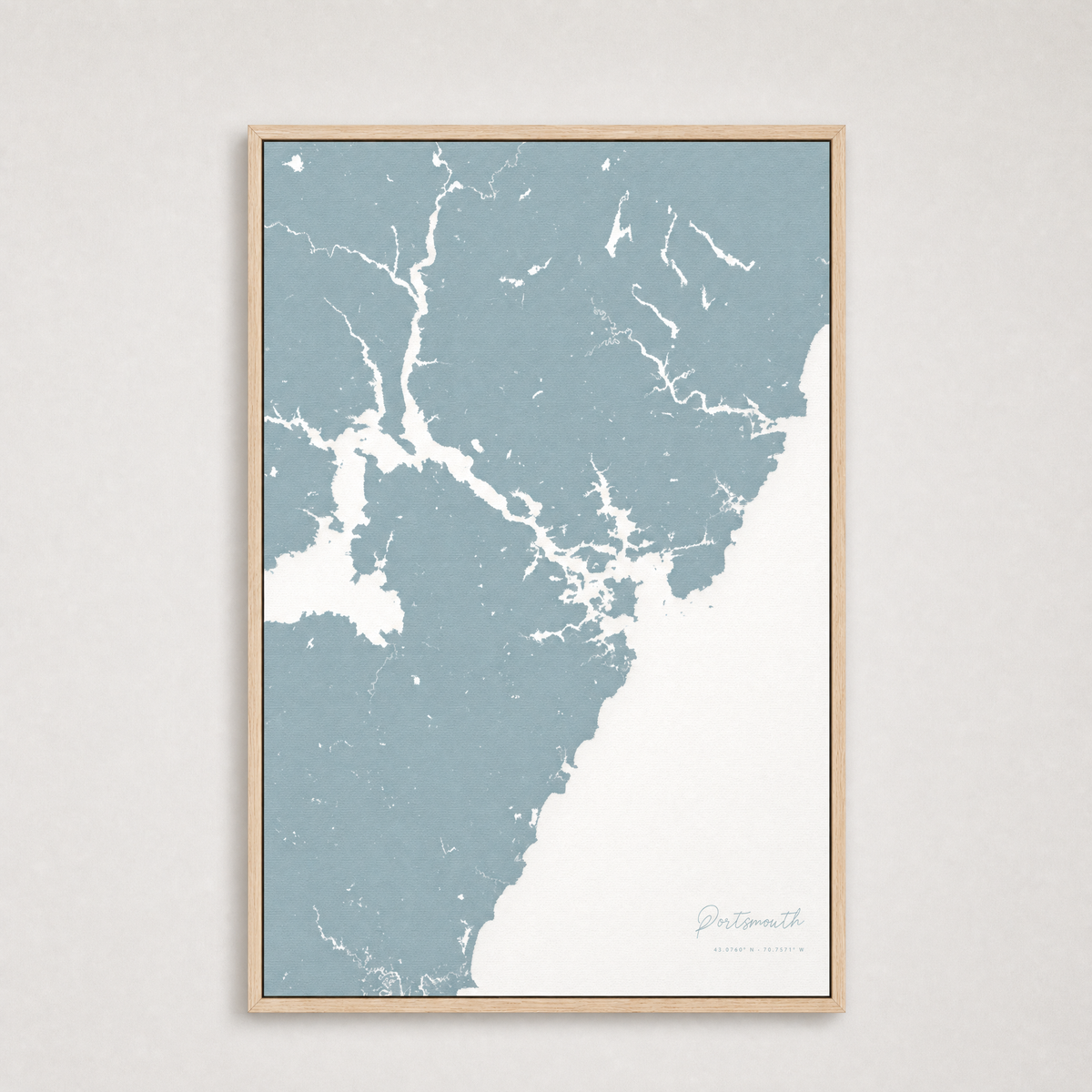 Portsmouth Coastal Map — Canvas Vertical — soft-blue, Light Wood