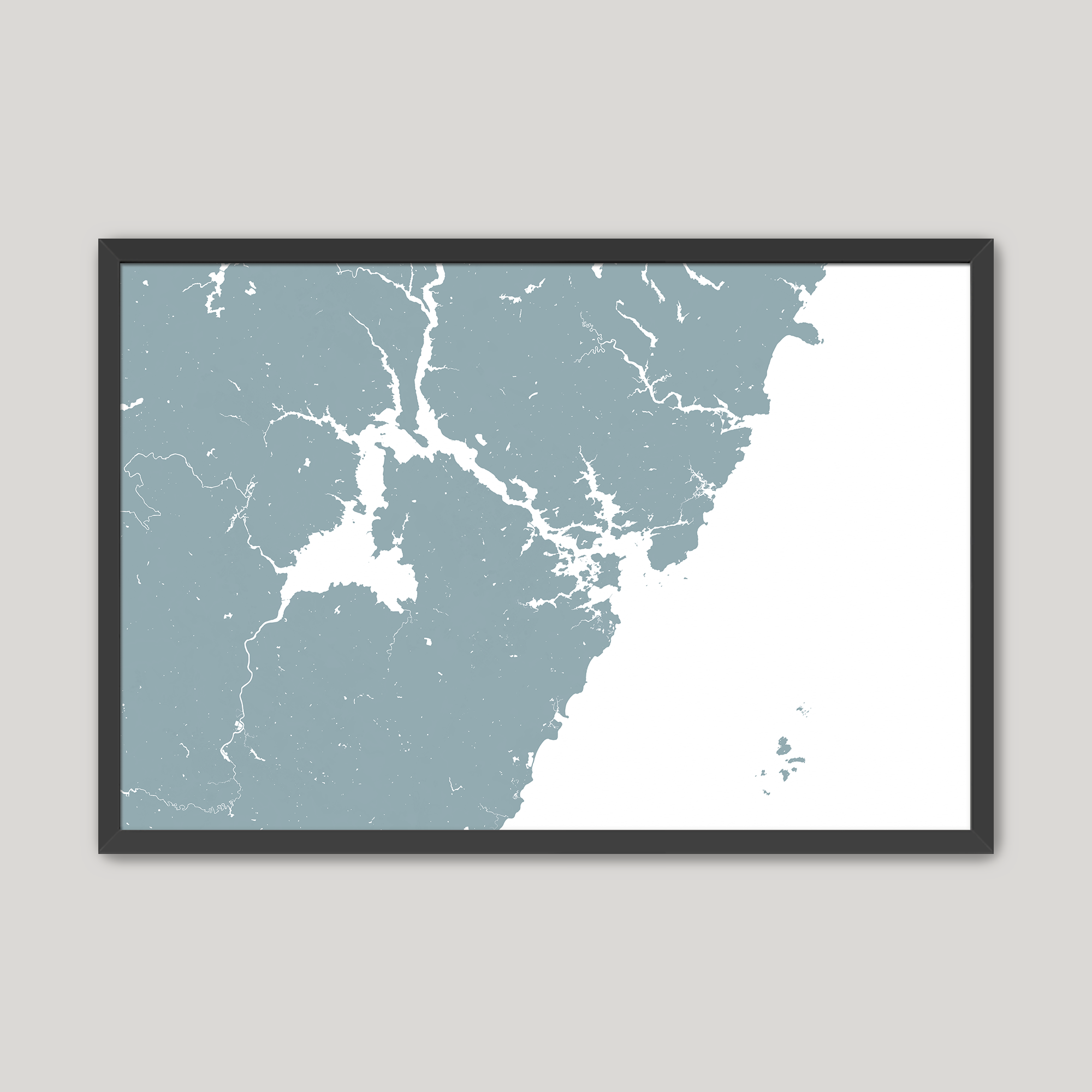 Portsmouth Coastal Map — Fine Art Print Horizontal, soft-blue, Black Frame, 10x8