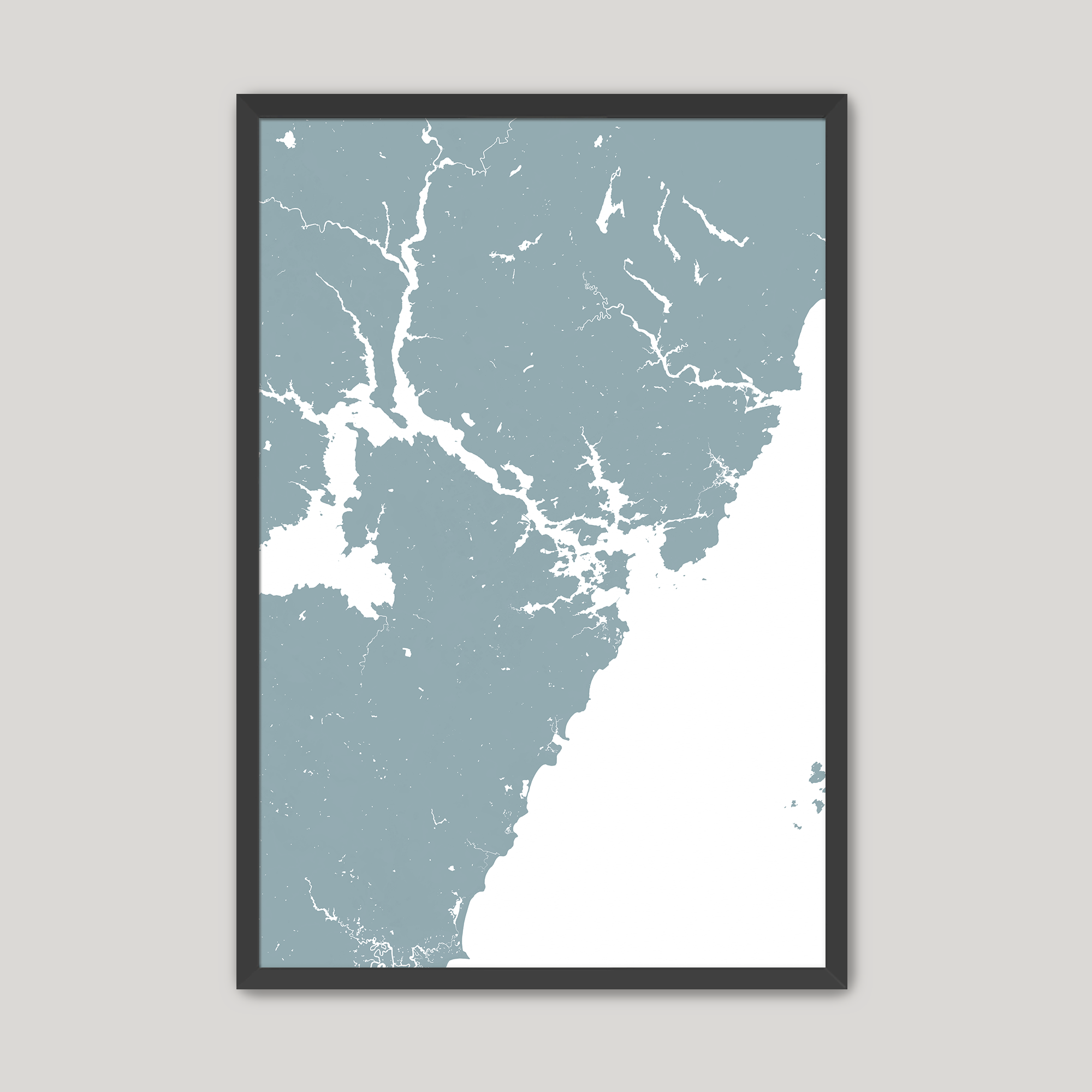 Portsmouth Coastal Map — Fine Art Print Vertical, soft-blue, Black Frame, 8x10