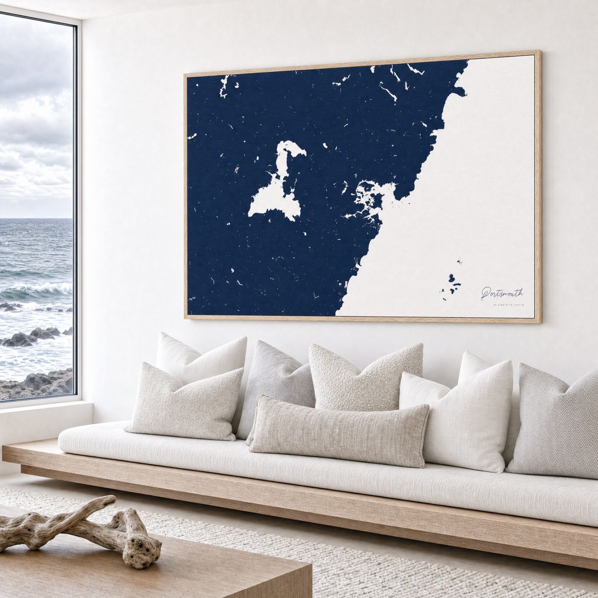 Portsmouth canvas map — sea-view bench interior