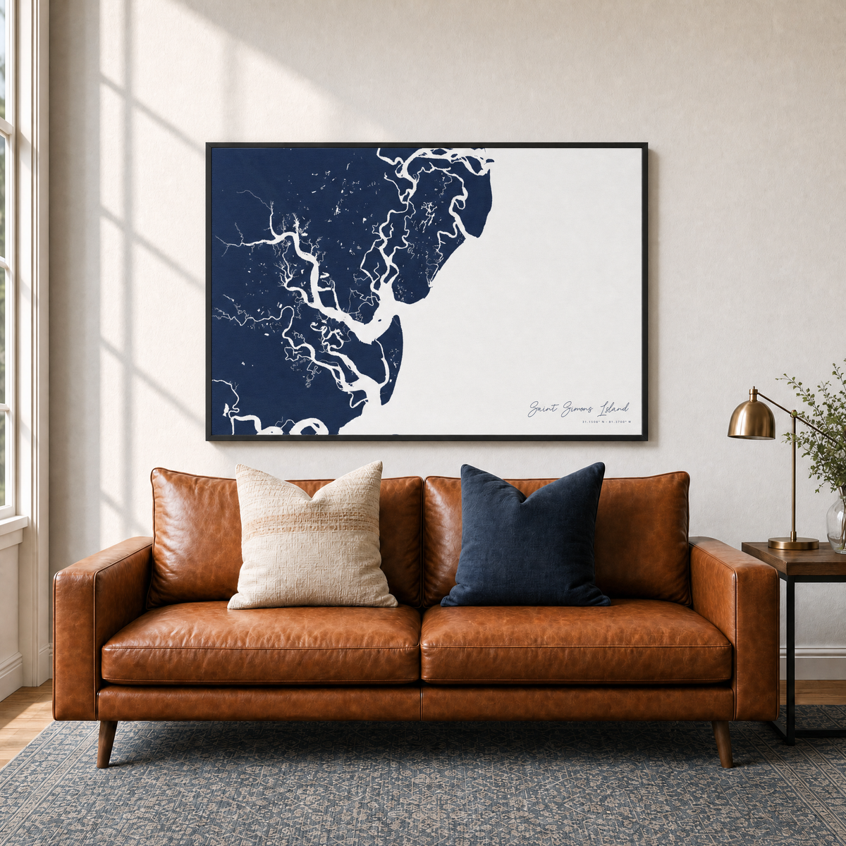 Saint Simons Island canvas map — two-pillow black-frame sofa interior