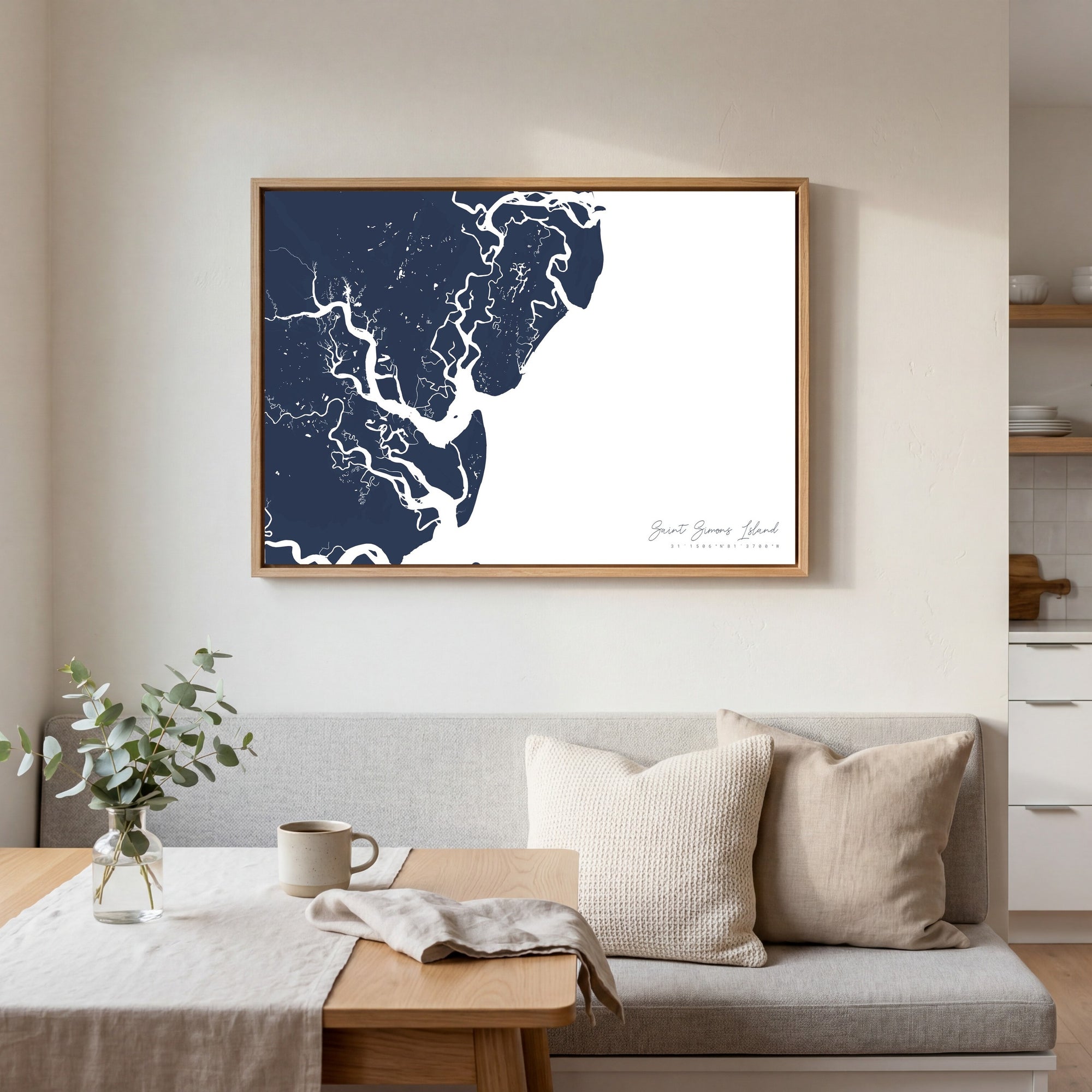 Saint Simons Island navy horizontal canvas map in an oak framed room scene