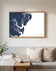 Saint Simons Island navy horizontal canvas map in an oak framed room scene