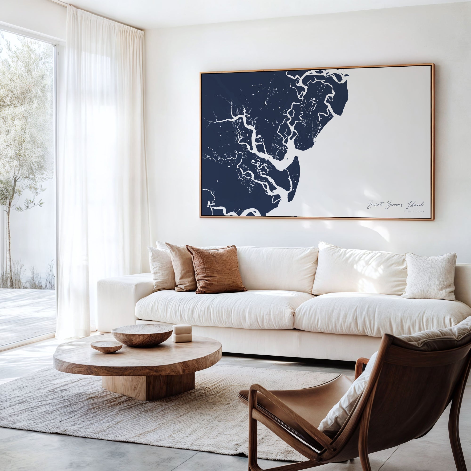 Saint Simons Island navy horizontal canvas map in an oak framed room scene