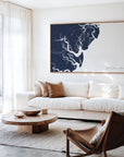 Saint Simons Island navy horizontal canvas map in an oak framed room scene
