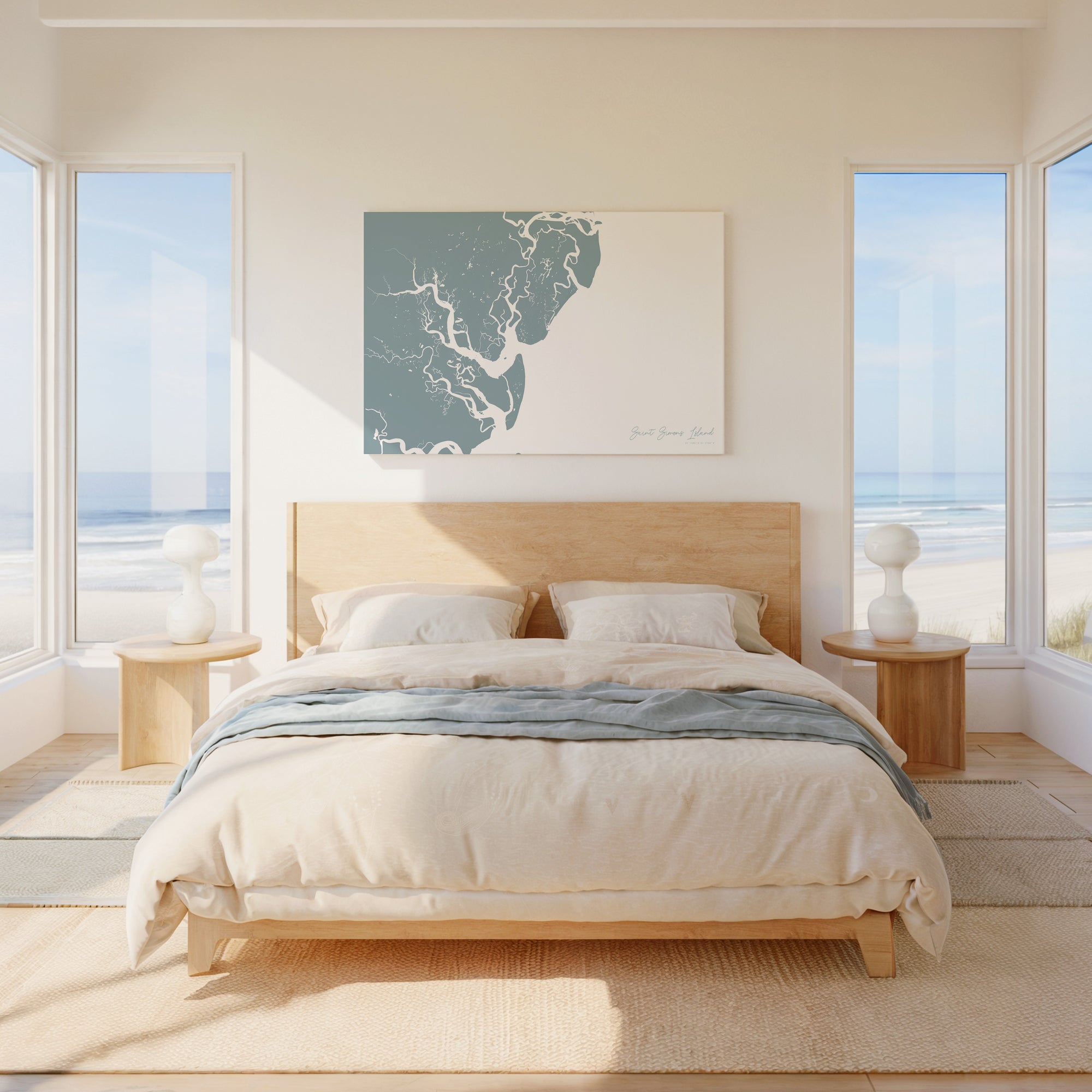 Saint Simons Island soft blue horizontal wrapped canvas map in the ratio 3:2 hand mockup