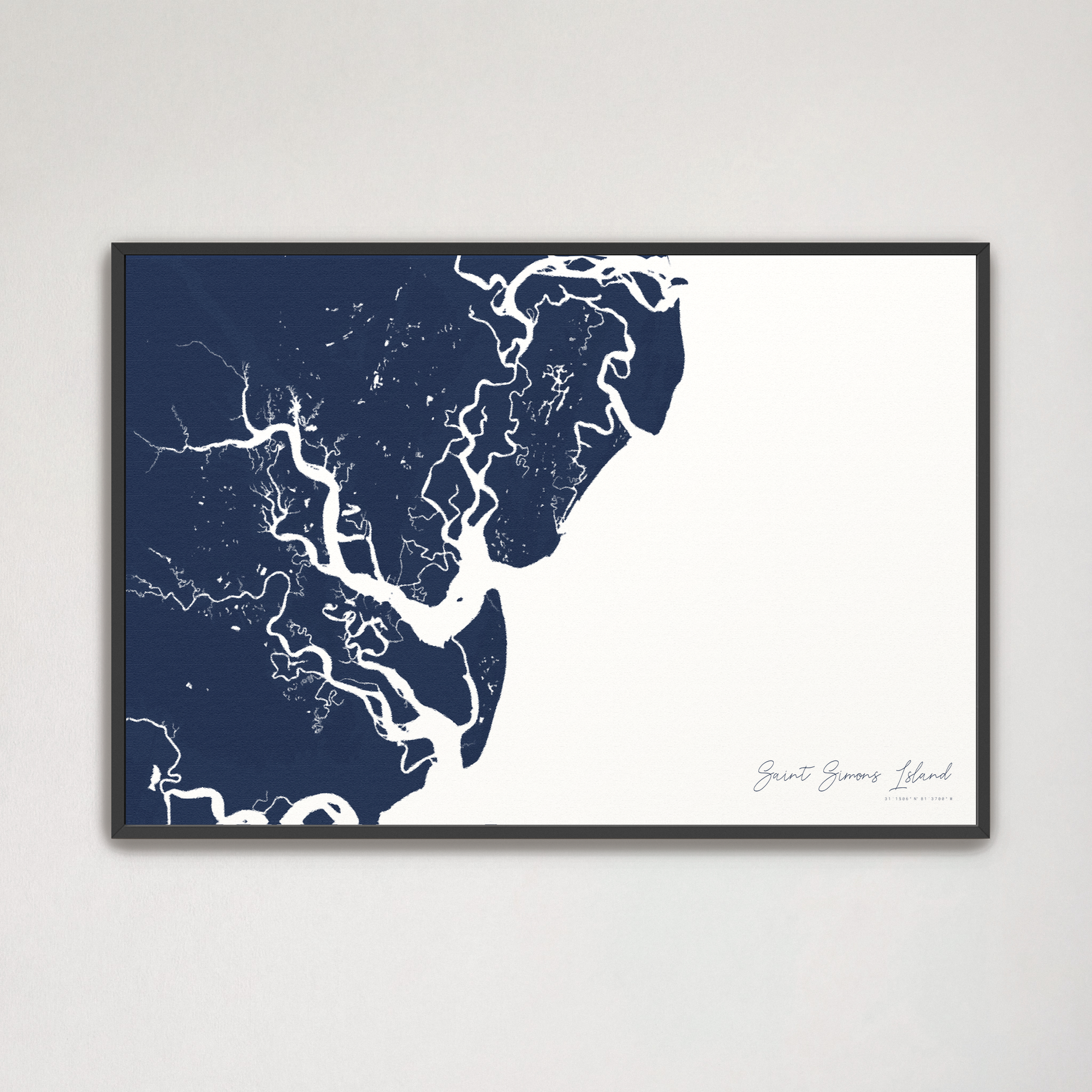 Saint Simons Island Coastal Map — Canvas Horizontal, navy, Black Frame