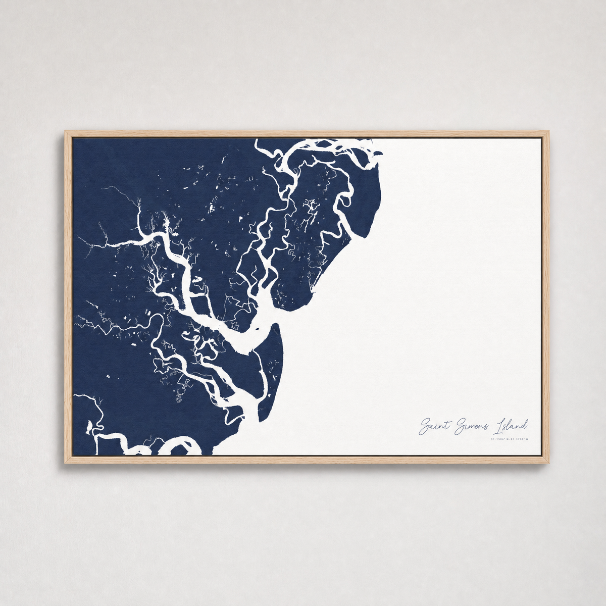 Saint Simons Island Coastal Map — Canvas Horizontal — navy, Light Wood