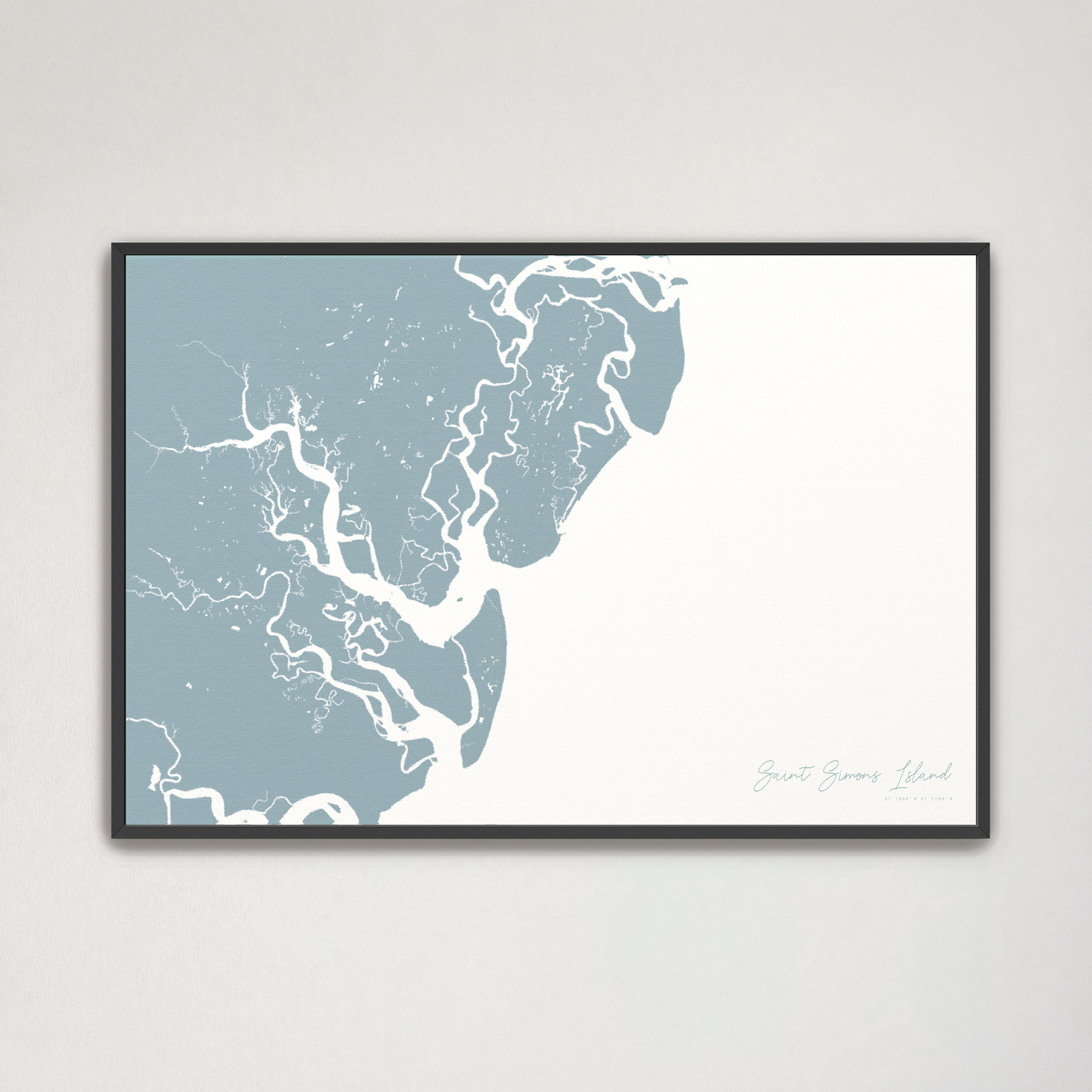 Saint Simons Island Coastal Map — Canvas Horizontal, soft-blue, Black Frame