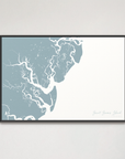 Saint Simons Island Coastal Map — Canvas Horizontal, soft-blue, Black Frame
