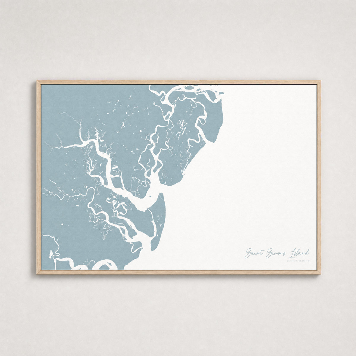 Saint Simons Island Coastal Map — Canvas Horizontal — soft-blue, Light Wood