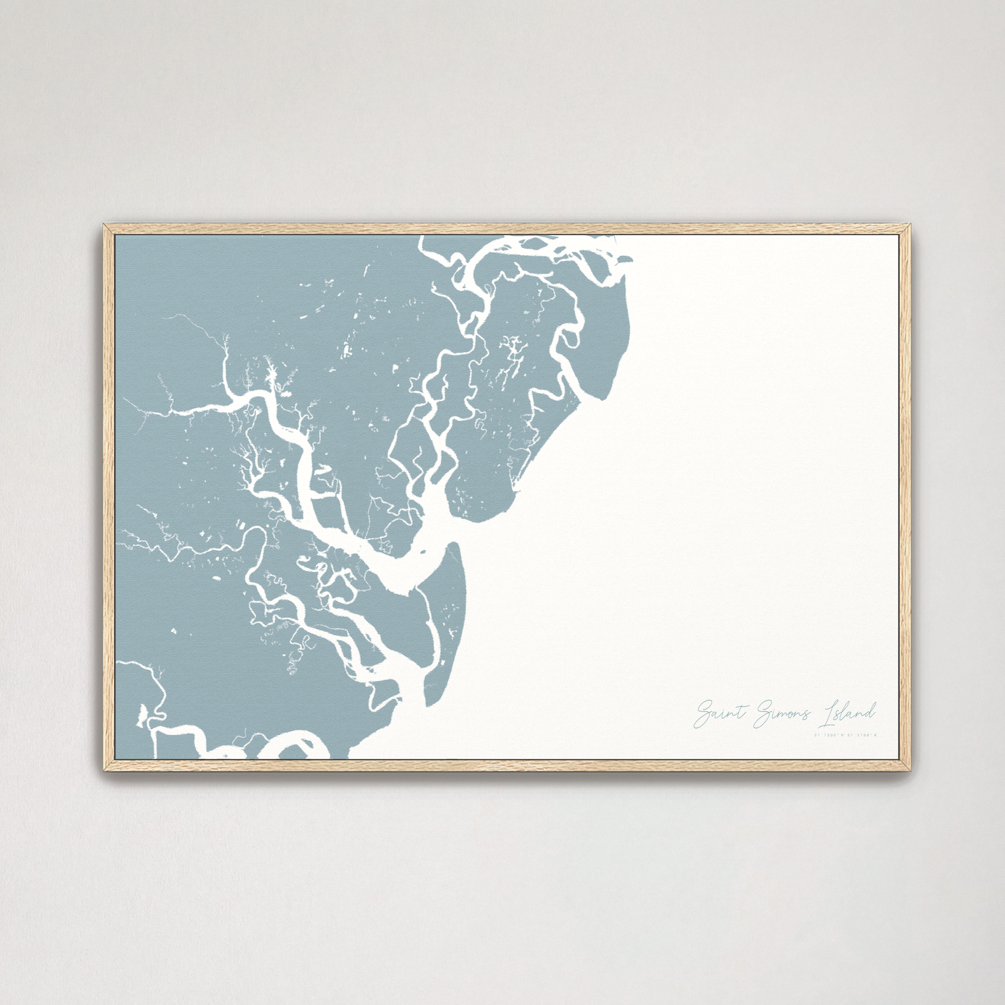 Saint Simons Island Coastal Map — Canvas Horizontal, soft-blue, Natural Oak