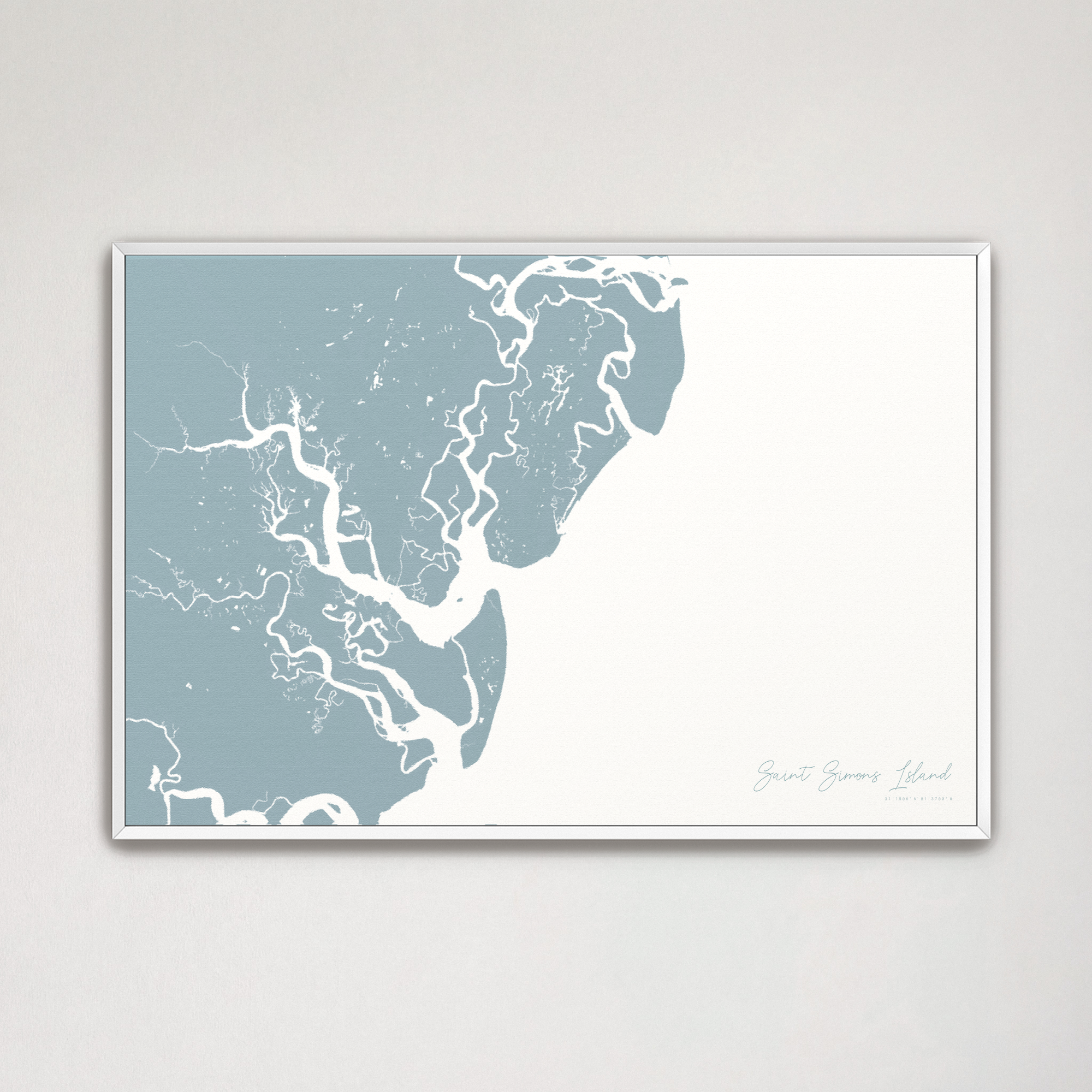 Saint Simons Island Coastal Map — Canvas Horizontal, soft-blue, White Frame