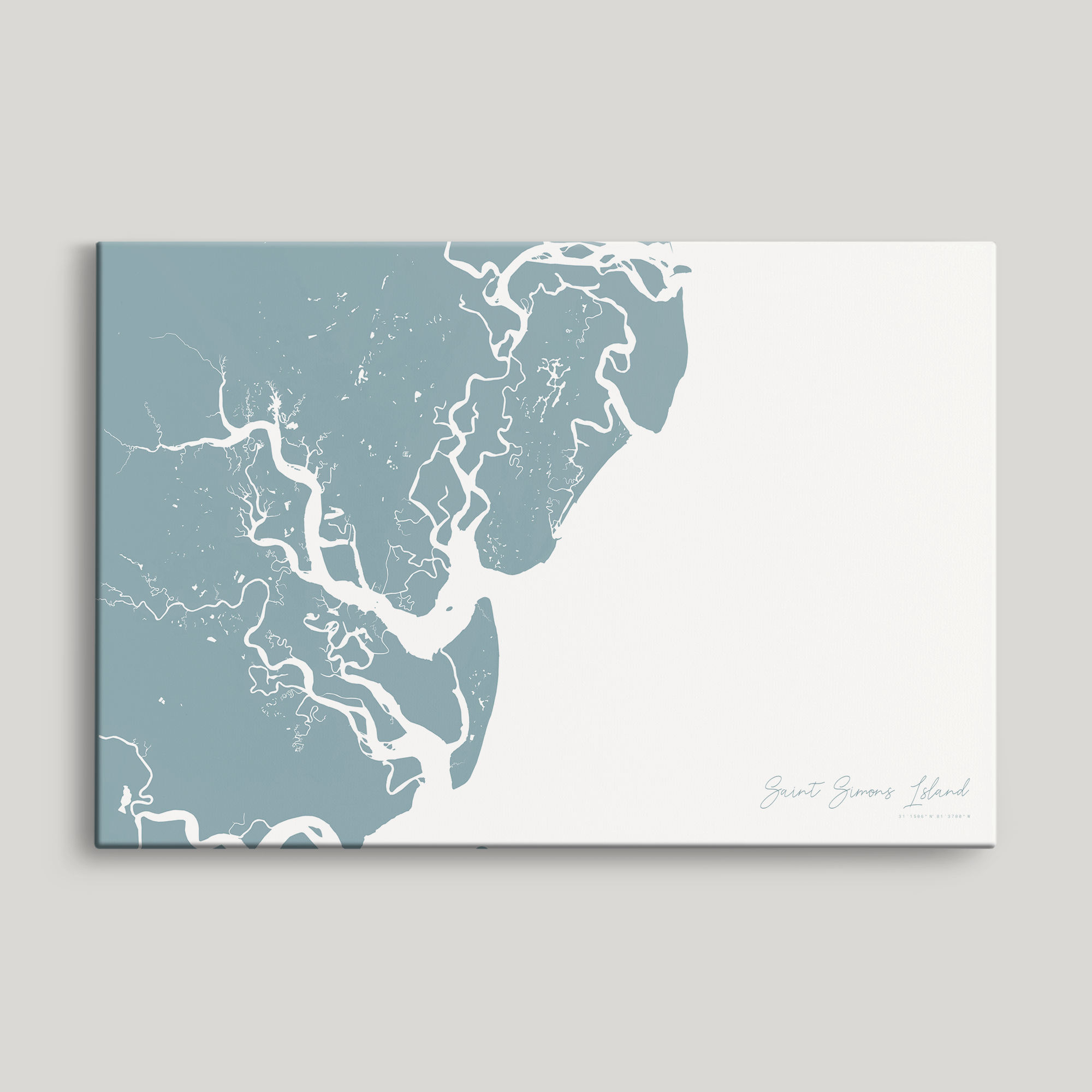 Saint Simons Island Coastal Map — Canvas Horizontal, soft-blue, No Frame