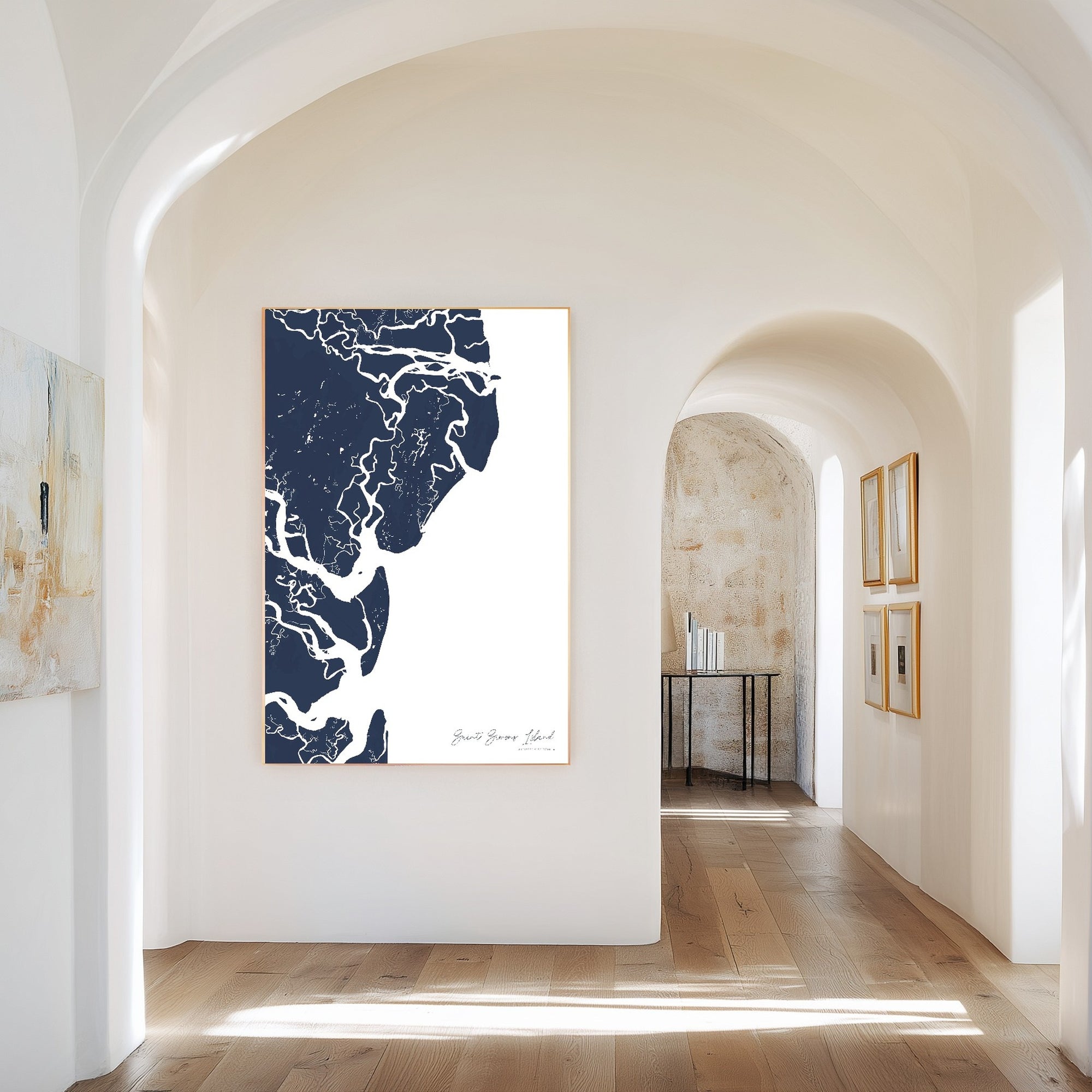 Saint Simons Island navy vertical canvas map in the Bello mixed room scene