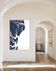 Saint Simons Island navy vertical canvas map in the Bello mixed room scene