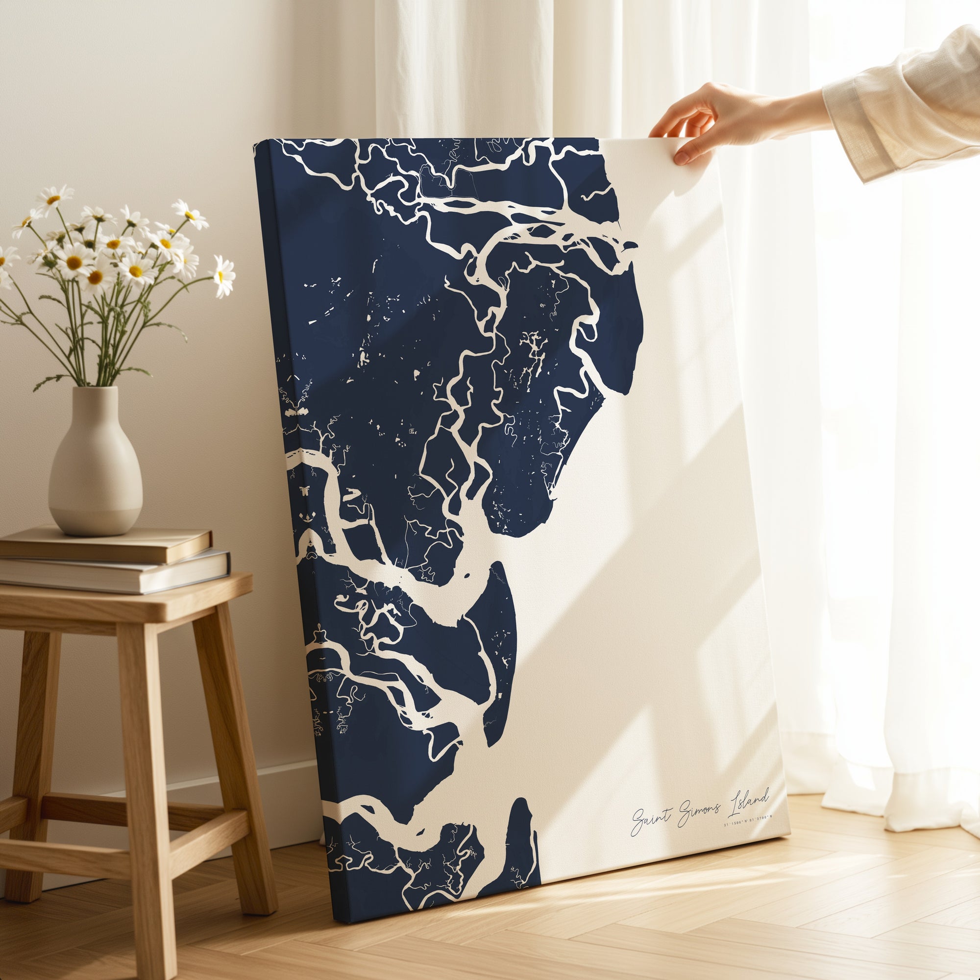 Saint Simons Island navy vertical wrapped canvas map in the ratio 2:3 hand mockup