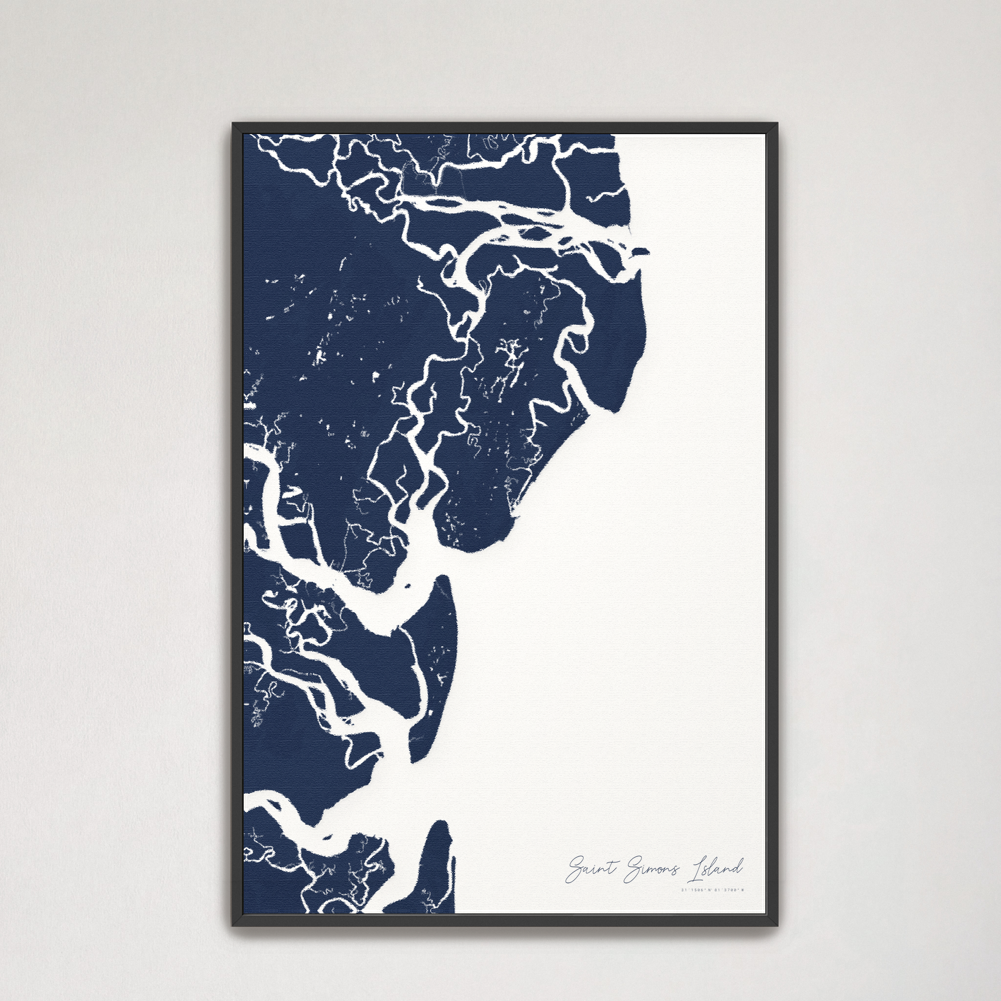 Saint Simons Island Coastal Map — Canvas Vertical, navy, Black Frame