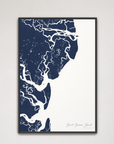 Saint Simons Island Coastal Map — Canvas Vertical, navy, Black Frame