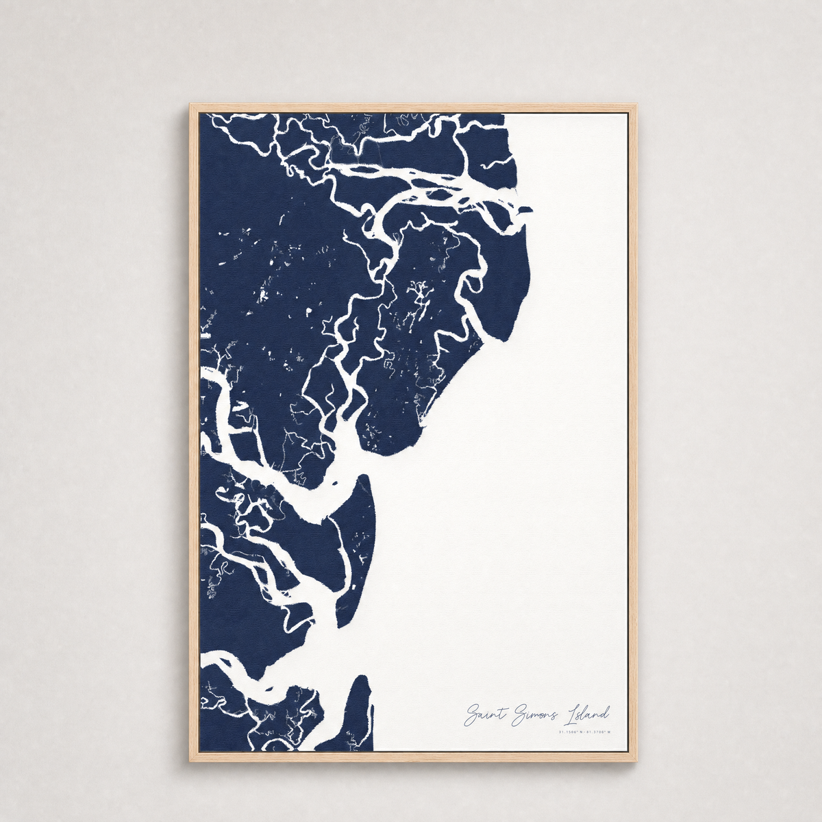 Saint Simons Island Coastal Map — Canvas Vertical — navy, Light Wood