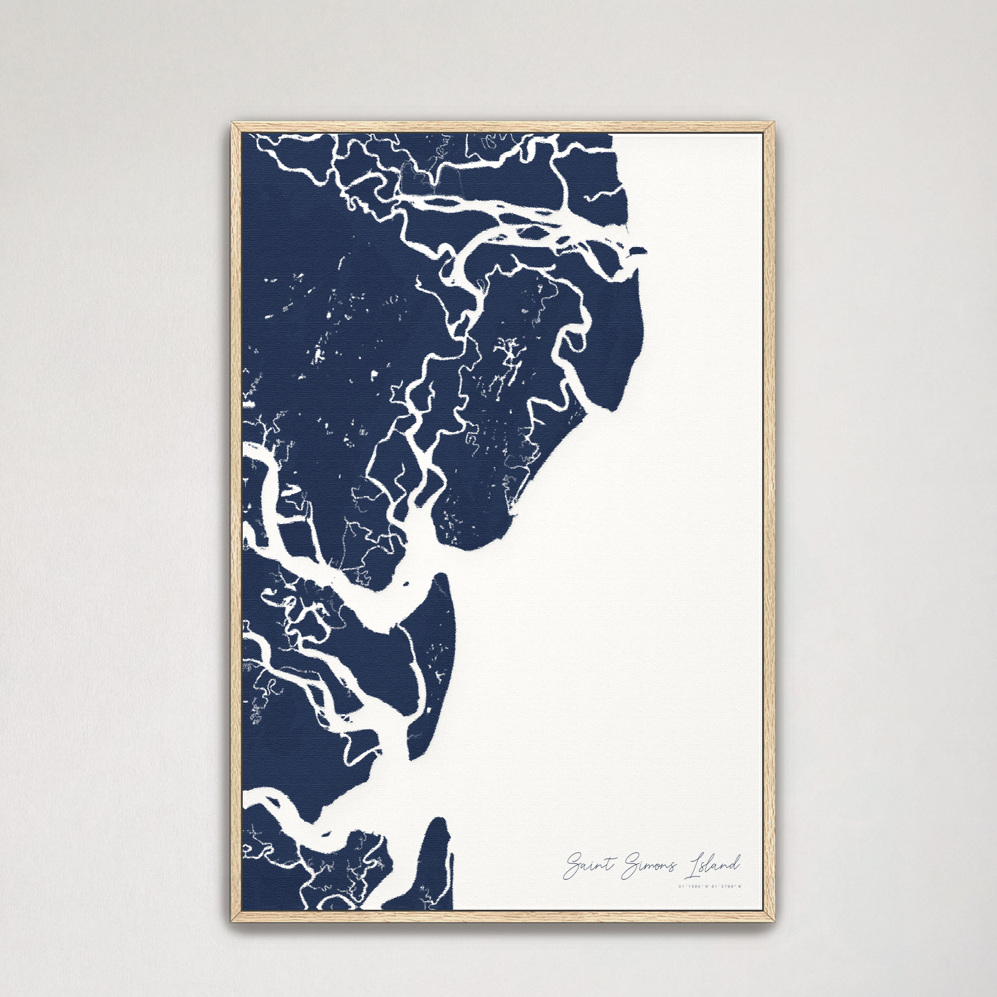 Saint Simons Island Coastal Map — Canvas Vertical, navy, Natural Oak