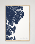Saint Simons Island Coastal Map — Canvas Vertical, navy, Natural Oak