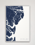 Saint Simons Island Coastal Map — Canvas Vertical, navy, White Frame