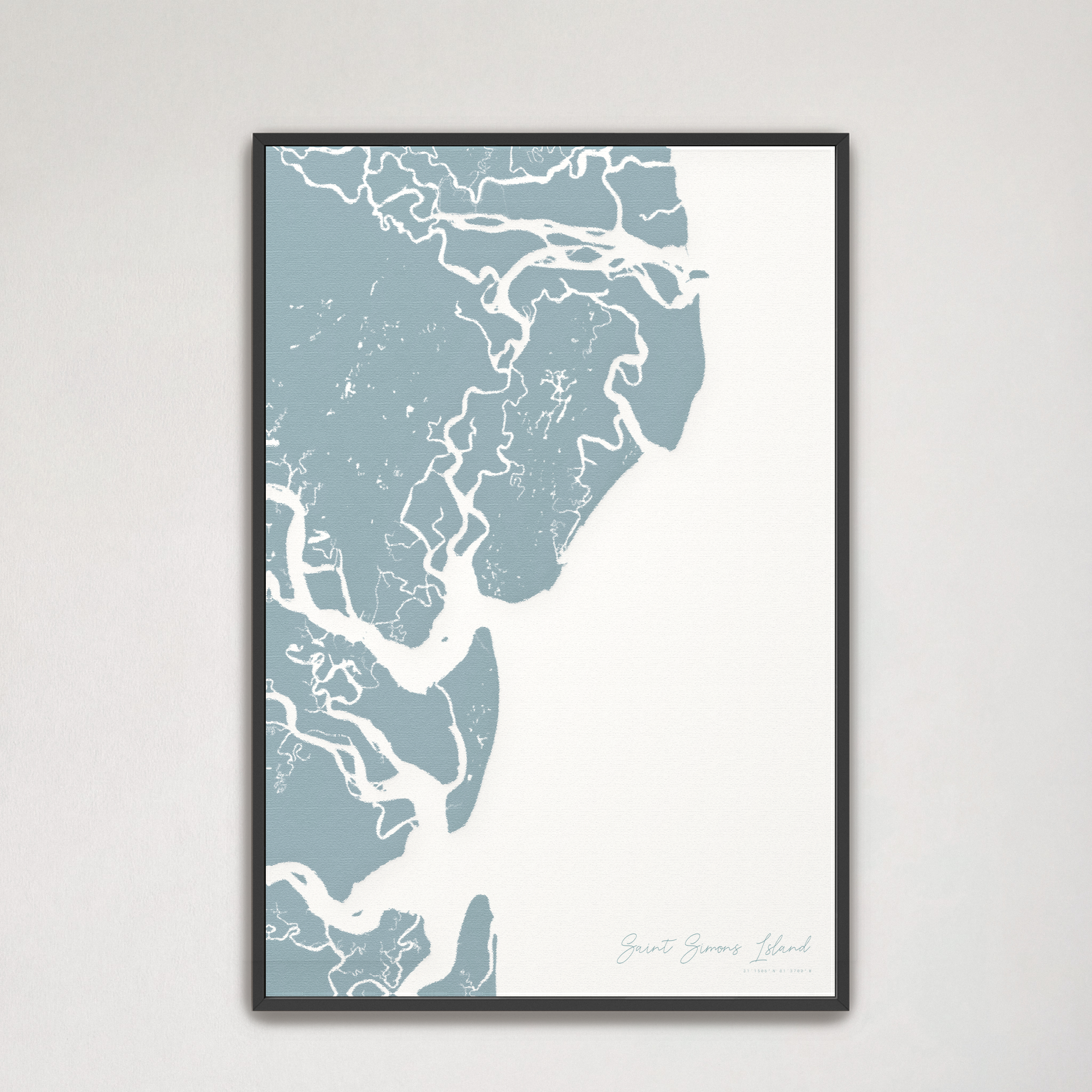 Saint Simons Island Coastal Map — Canvas Vertical, soft-blue, Black Frame
