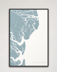 Saint Simons Island Coastal Map — Canvas Vertical, soft-blue, Black Frame