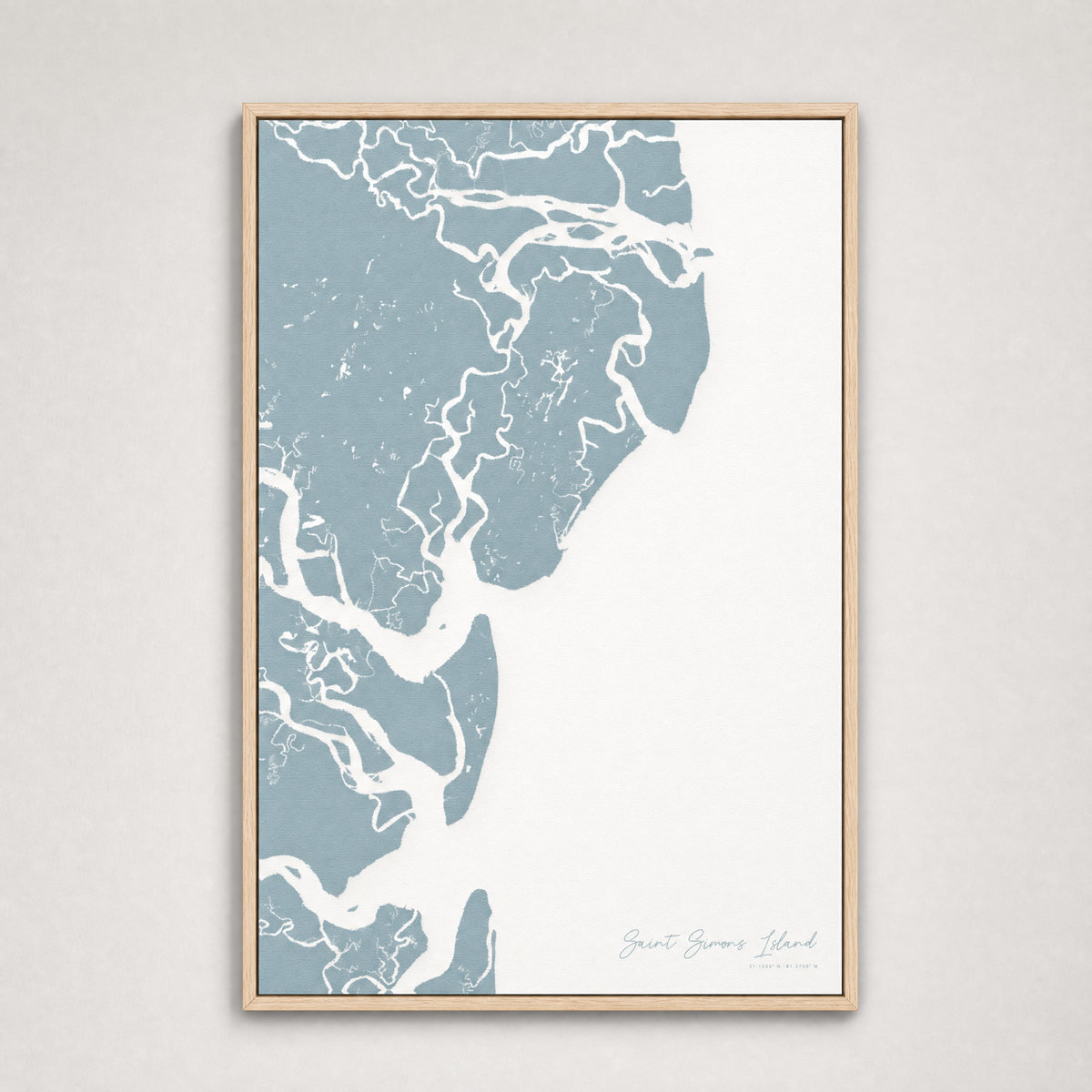 Saint Simons Island Coastal Map — Canvas Vertical — soft-blue, Light Wood