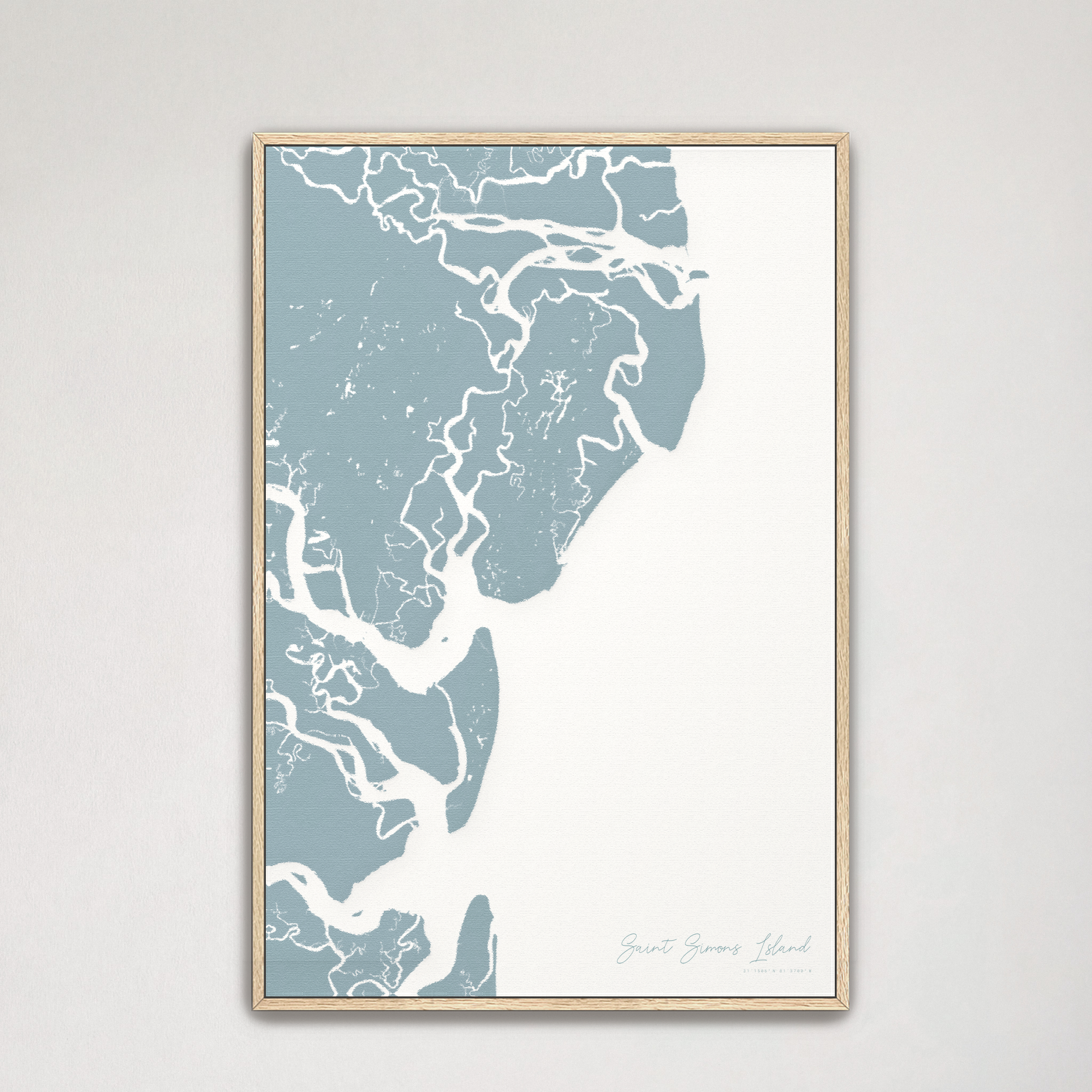 Saint Simons Island Coastal Map — Canvas Vertical, soft-blue, Natural Oak