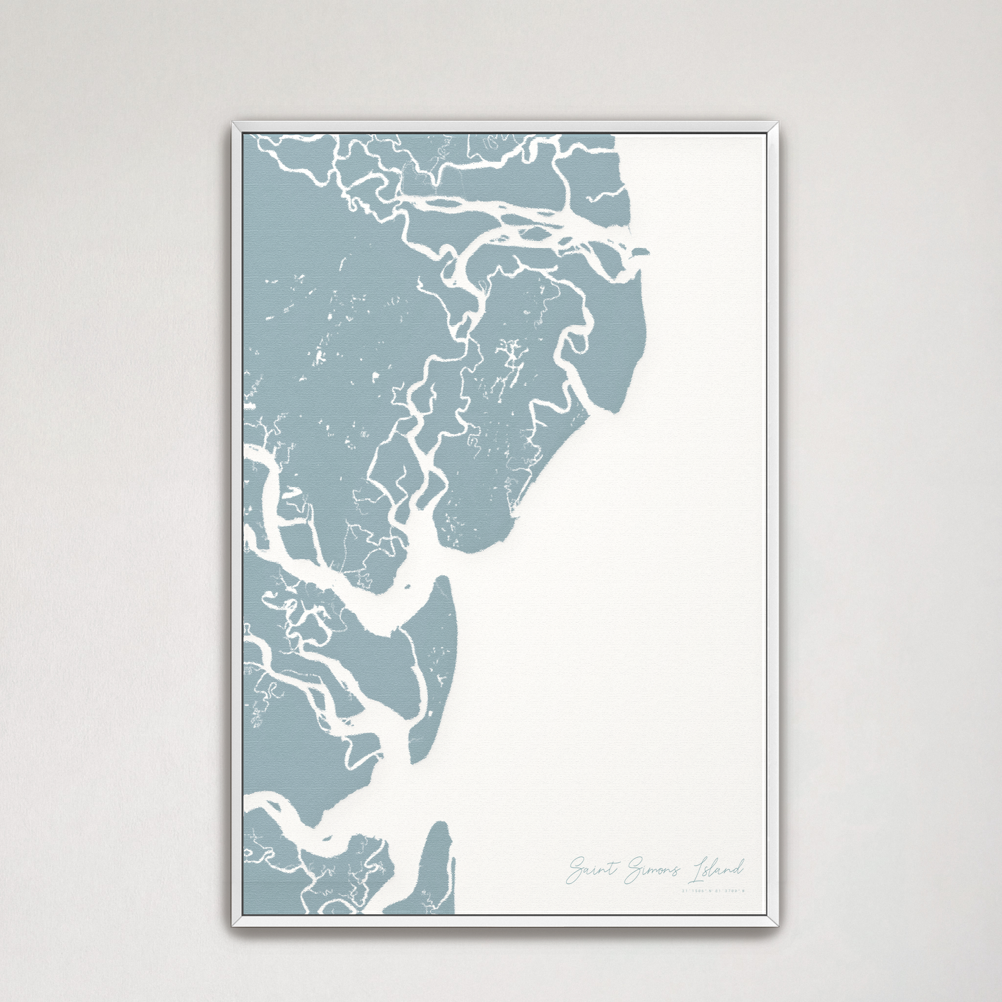 Saint Simons Island Coastal Map — Canvas Vertical, soft-blue, White Frame