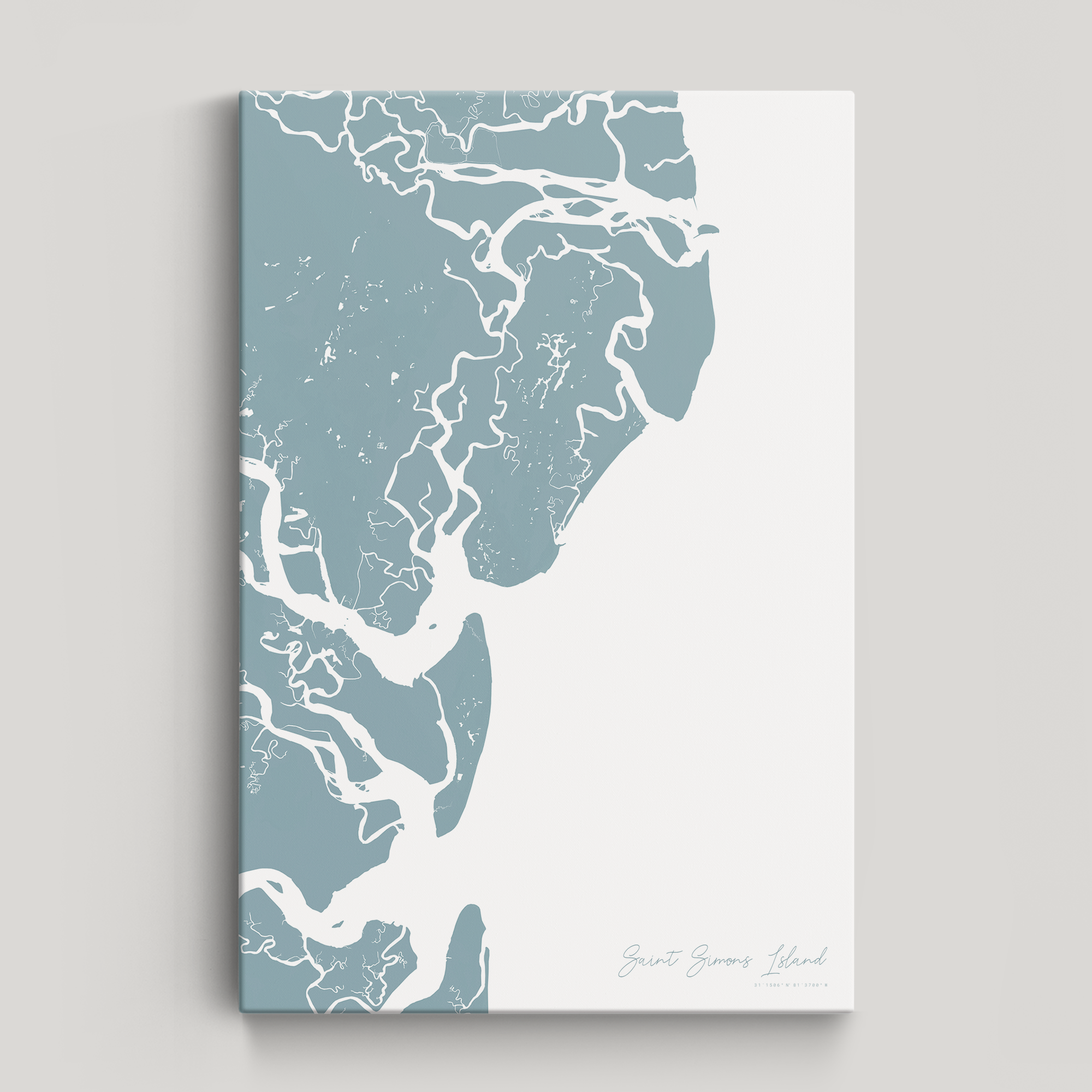 Saint Simons Island Coastal Map — Canvas Vertical, soft-blue, No Frame
