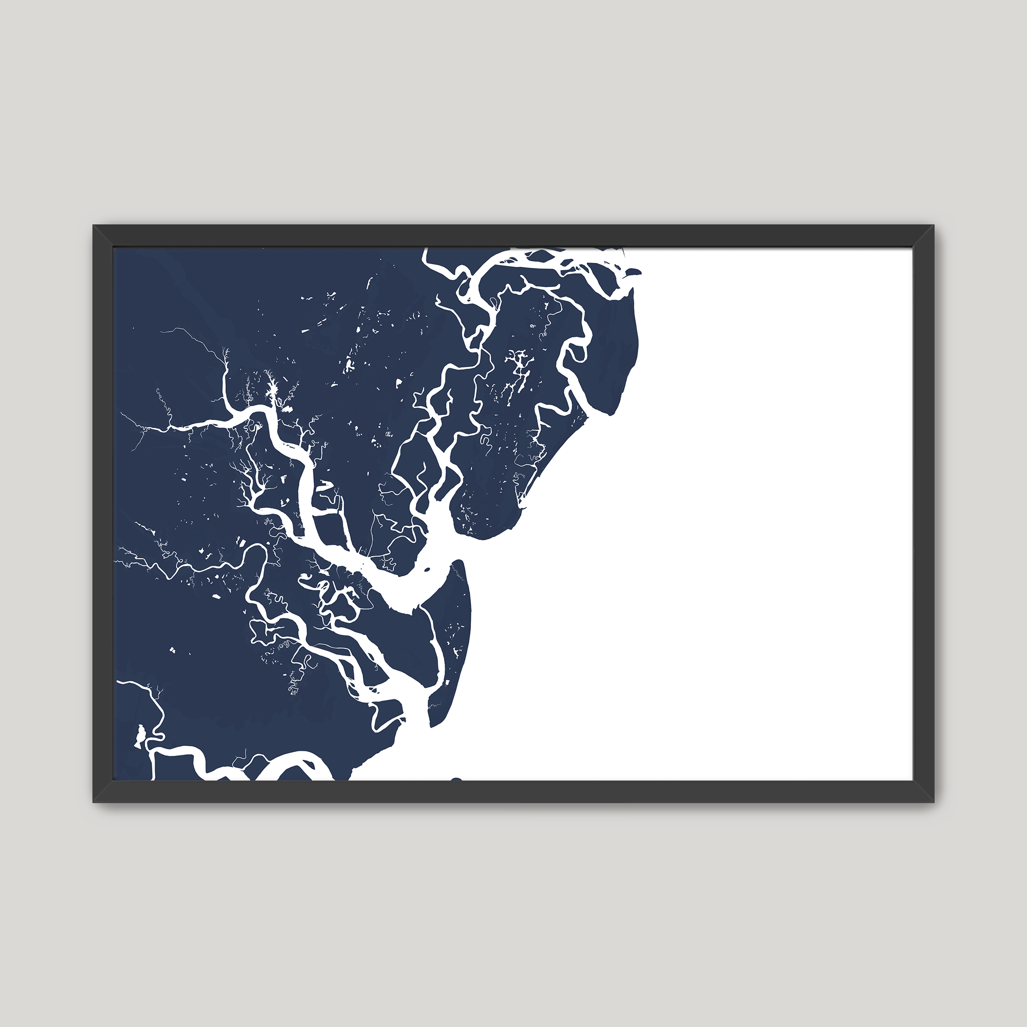 Saint Simons Island Coastal Map — Fine Art Print Horizontal, navy, Black Frame, 10x8