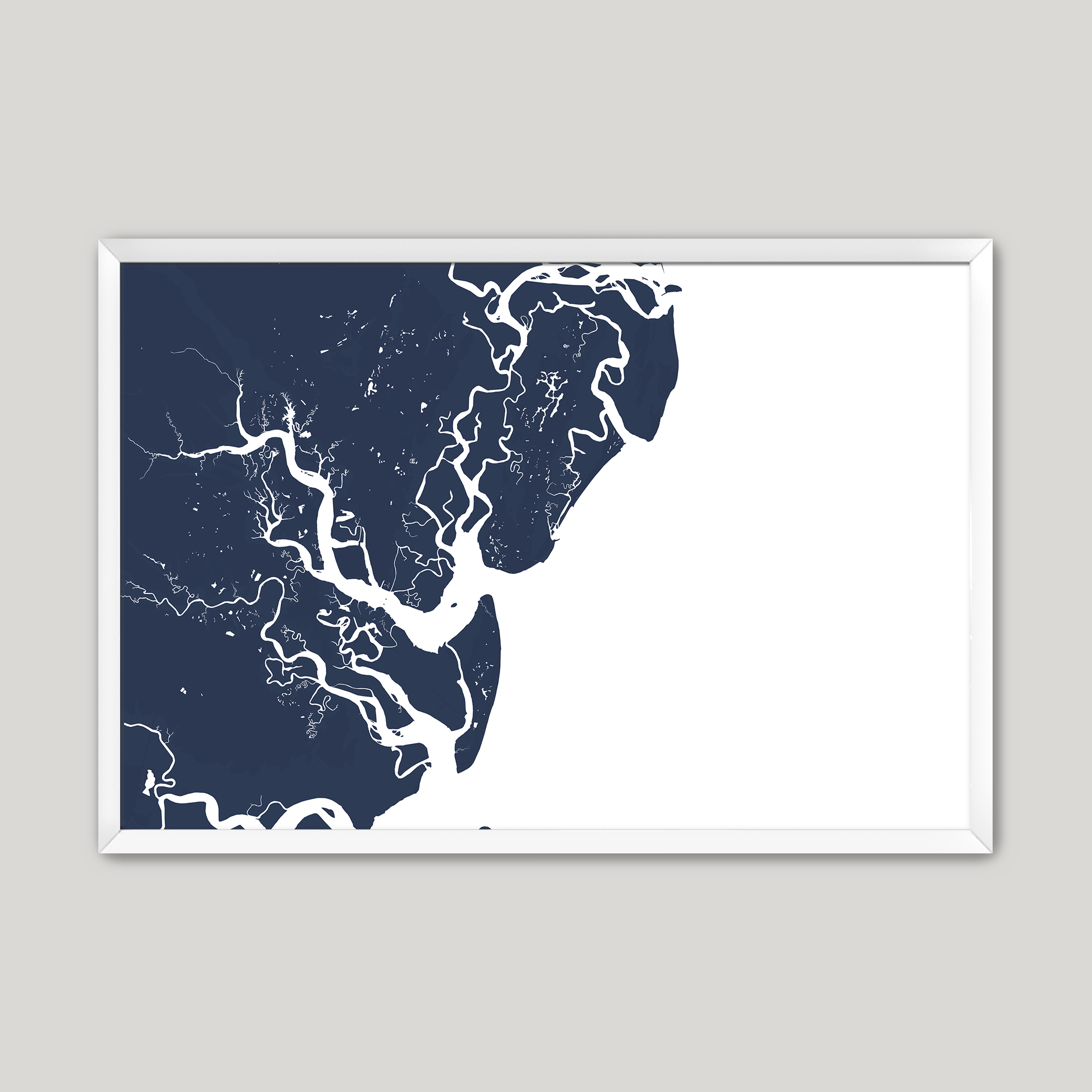 Saint Simons Island Coastal Map — Fine Art Print Horizontal, navy, White Frame, 10x8