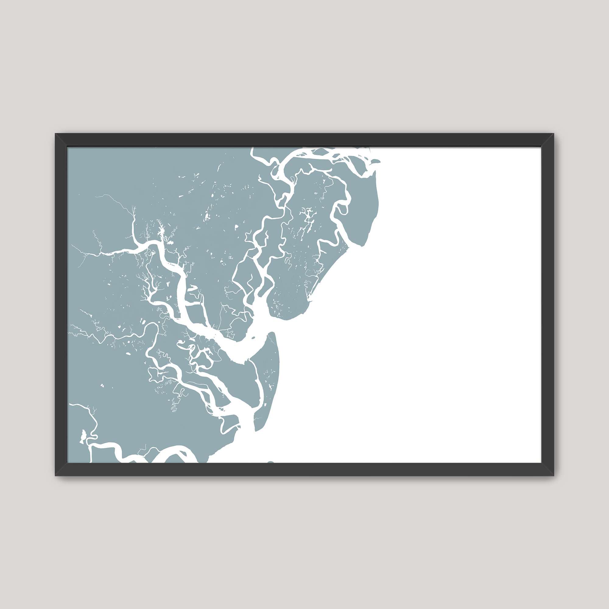Saint Simons Island Coastal Map — Fine Art Print Horizontal, soft-blue, Black Frame, 10x8