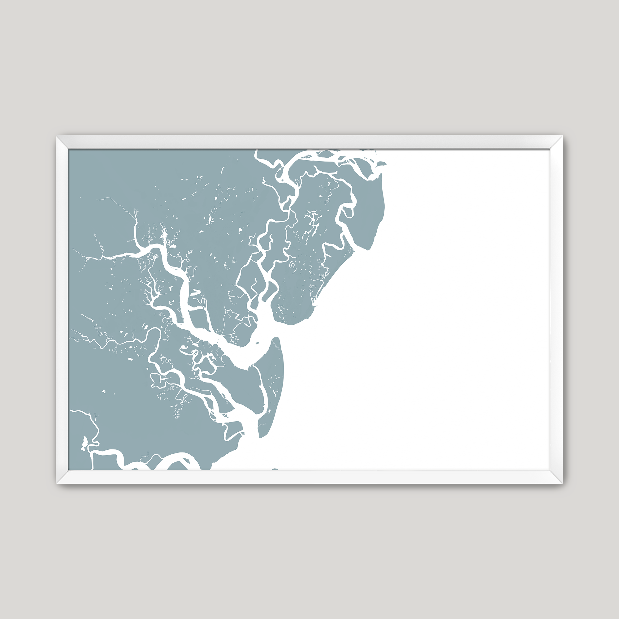 Saint Simons Island Coastal Map — Fine Art Print Horizontal, soft-blue, White Frame, 10x8