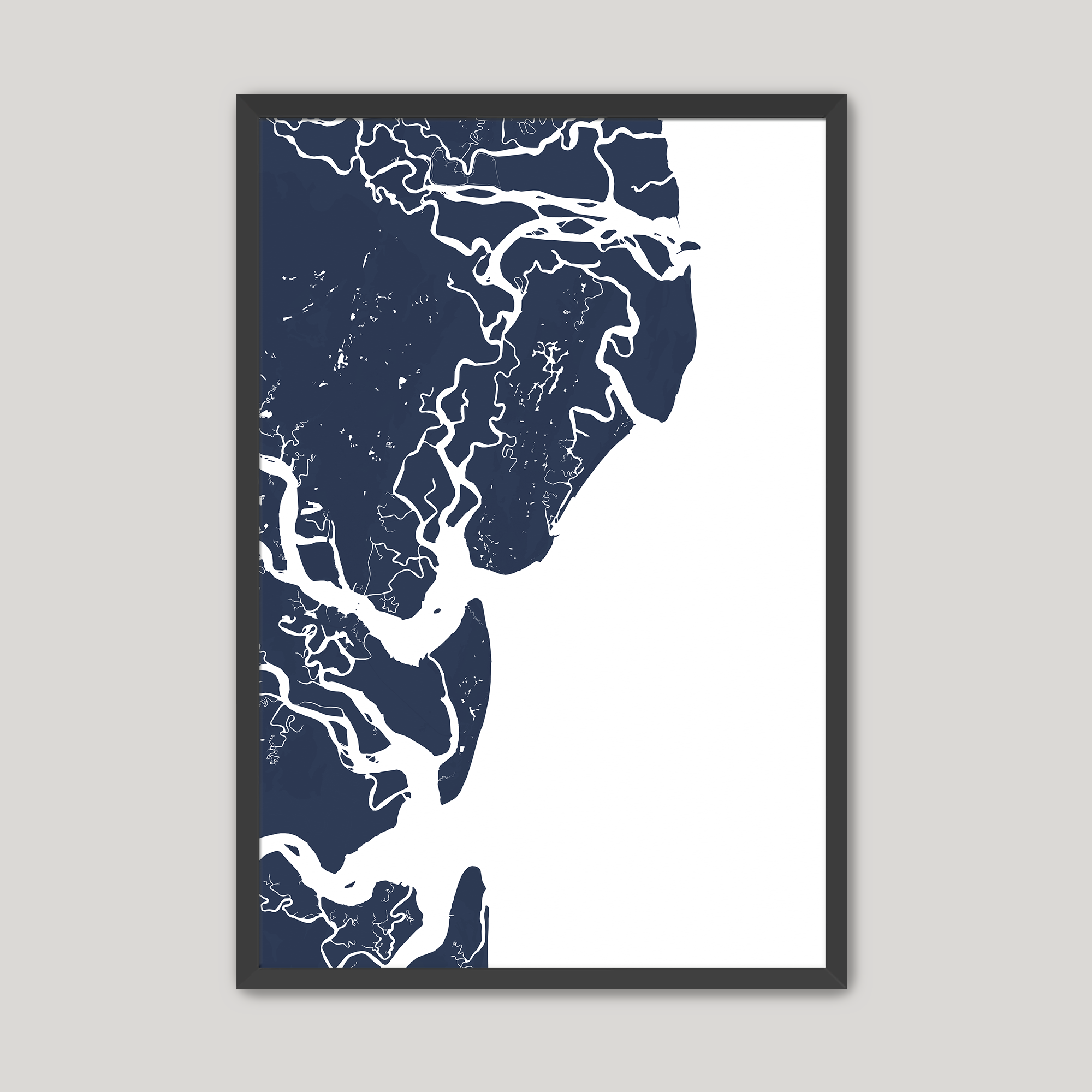 Saint Simons Island Coastal Map — Fine Art Print Vertical, navy, Black Frame, 8x10
