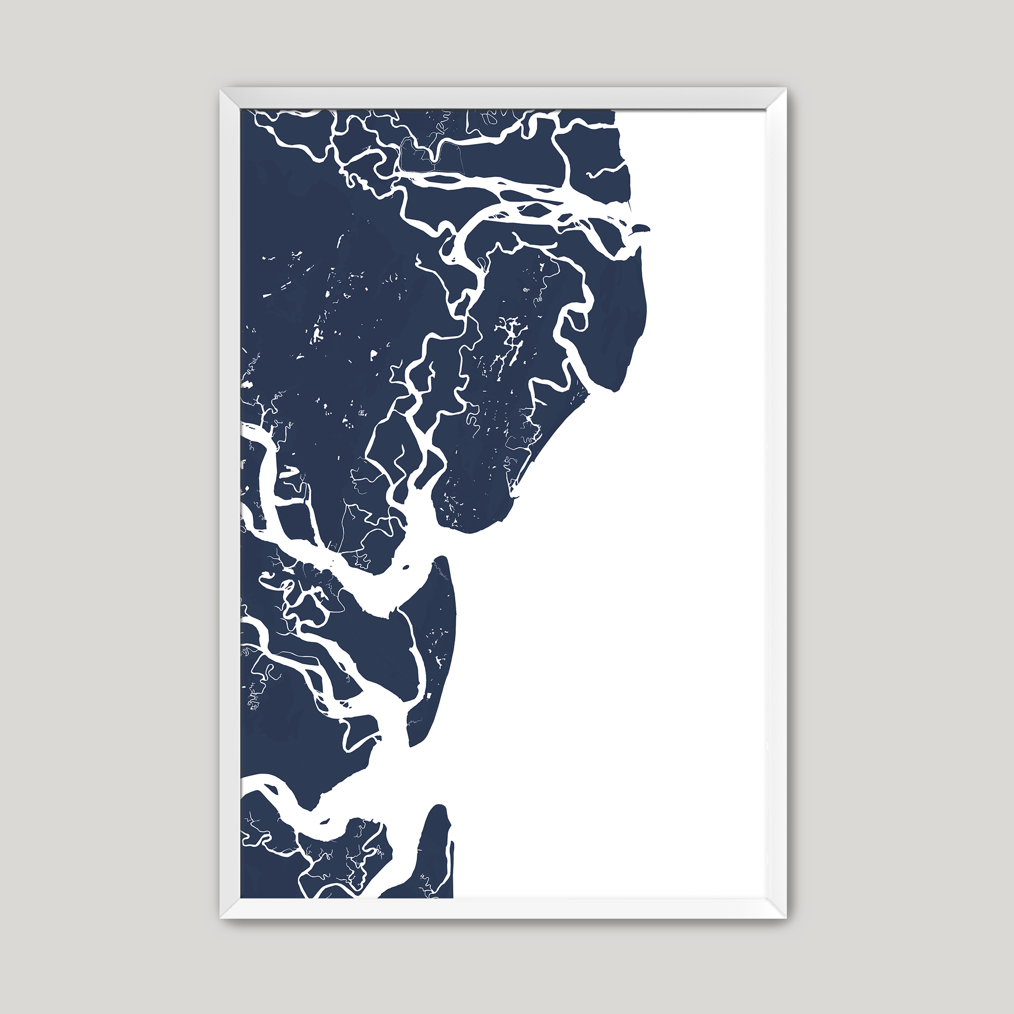 Saint Simons Island Coastal Map — Fine Art Print Vertical, navy, White Frame, 8x10