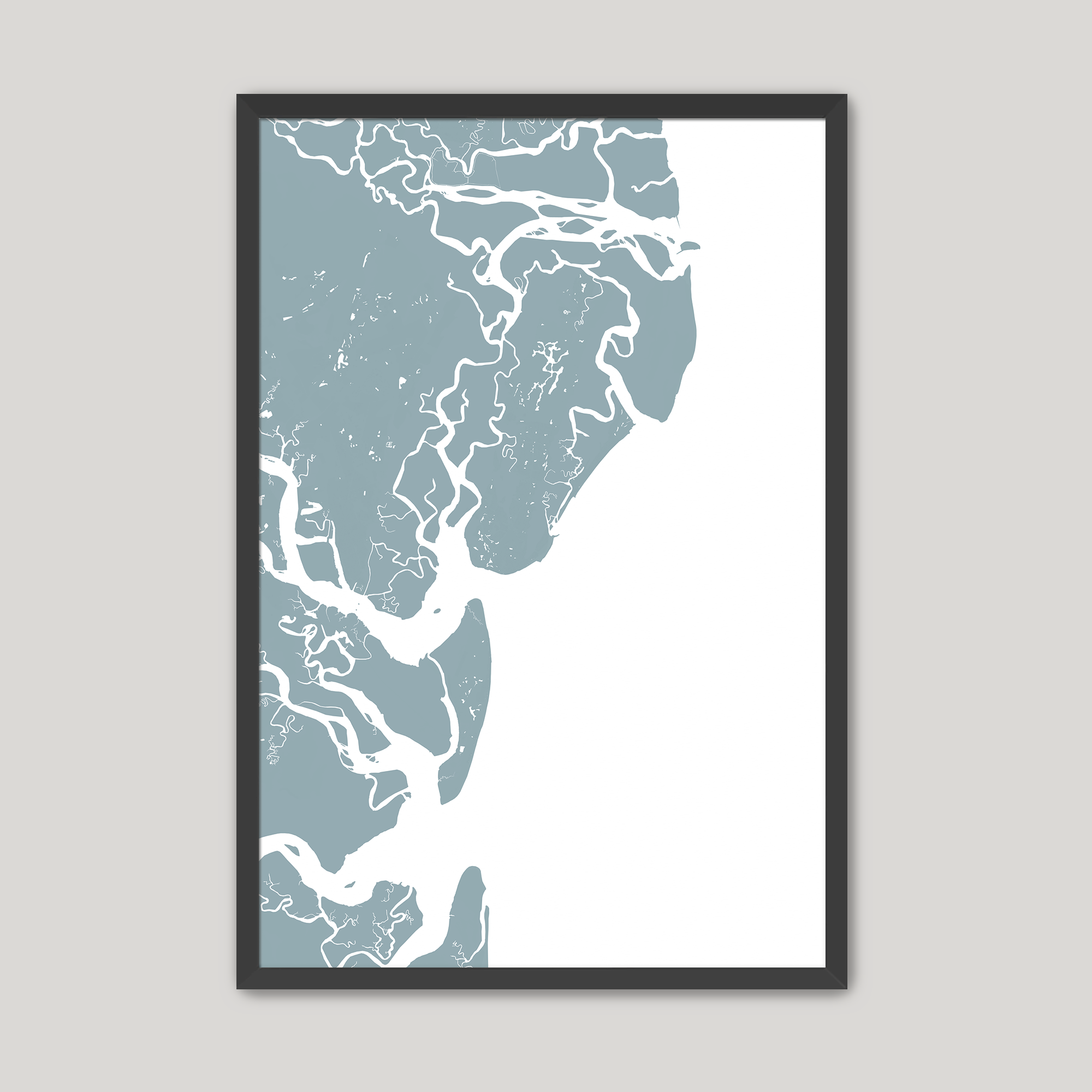 Saint Simons Island Coastal Map — Fine Art Print Vertical, soft-blue, Black Frame, 8x10