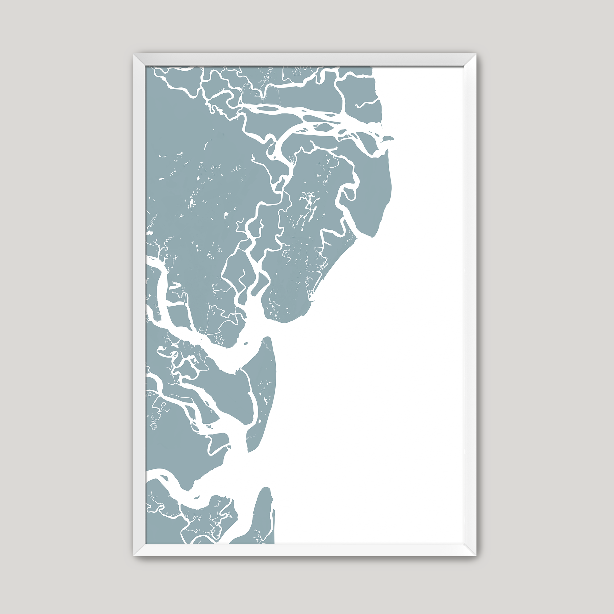 Saint Simons Island Coastal Map — Fine Art Print Vertical, soft-blue, White Frame, 8x10