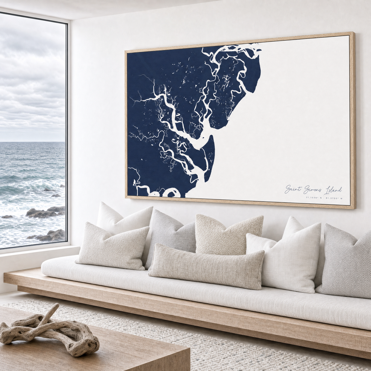 Saint Simons Island canvas map — sea-view bench interior