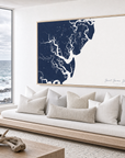 Saint Simons Island canvas map — sea-view bench interior