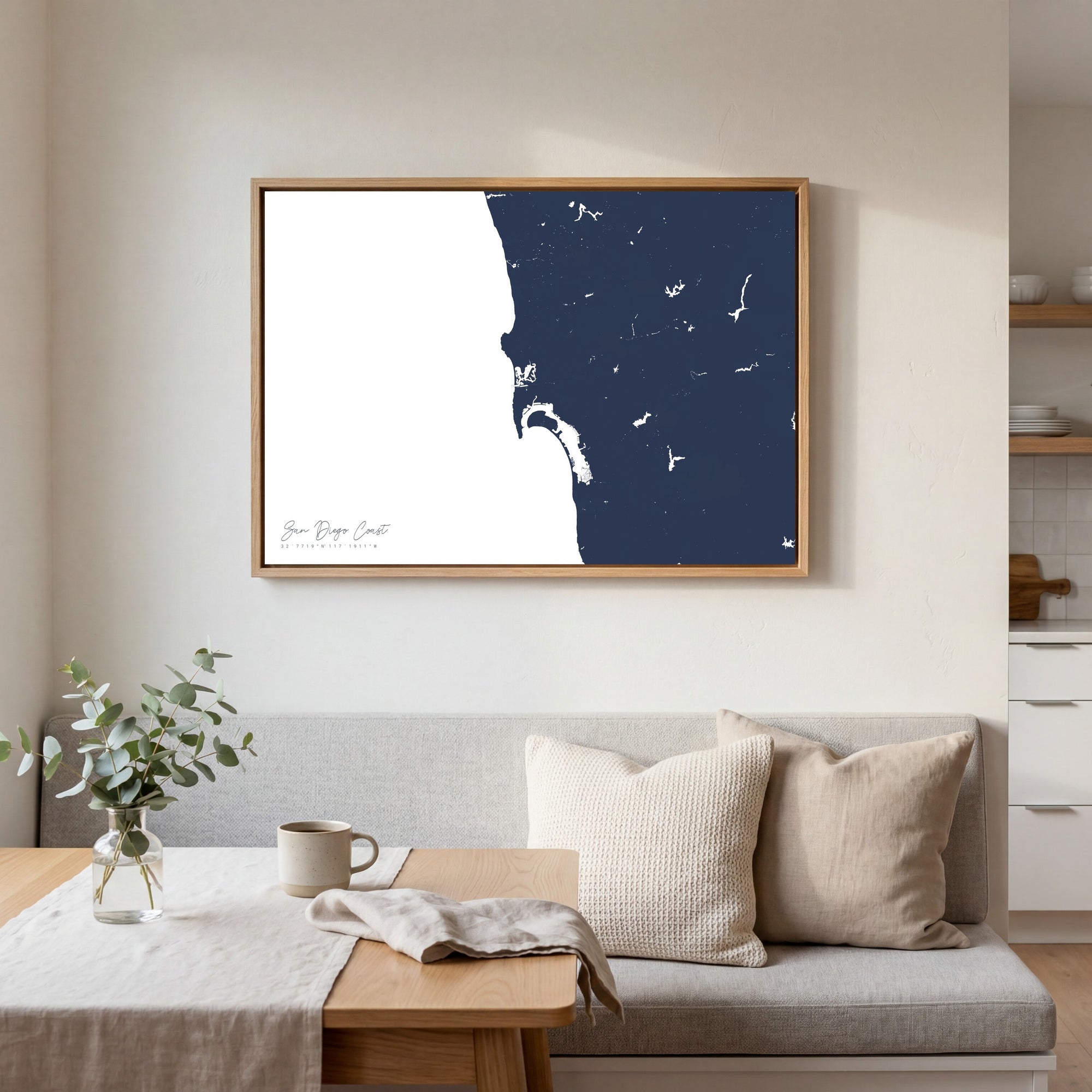 San Diego Coast navy horizontal canvas map in an oak framed room scene