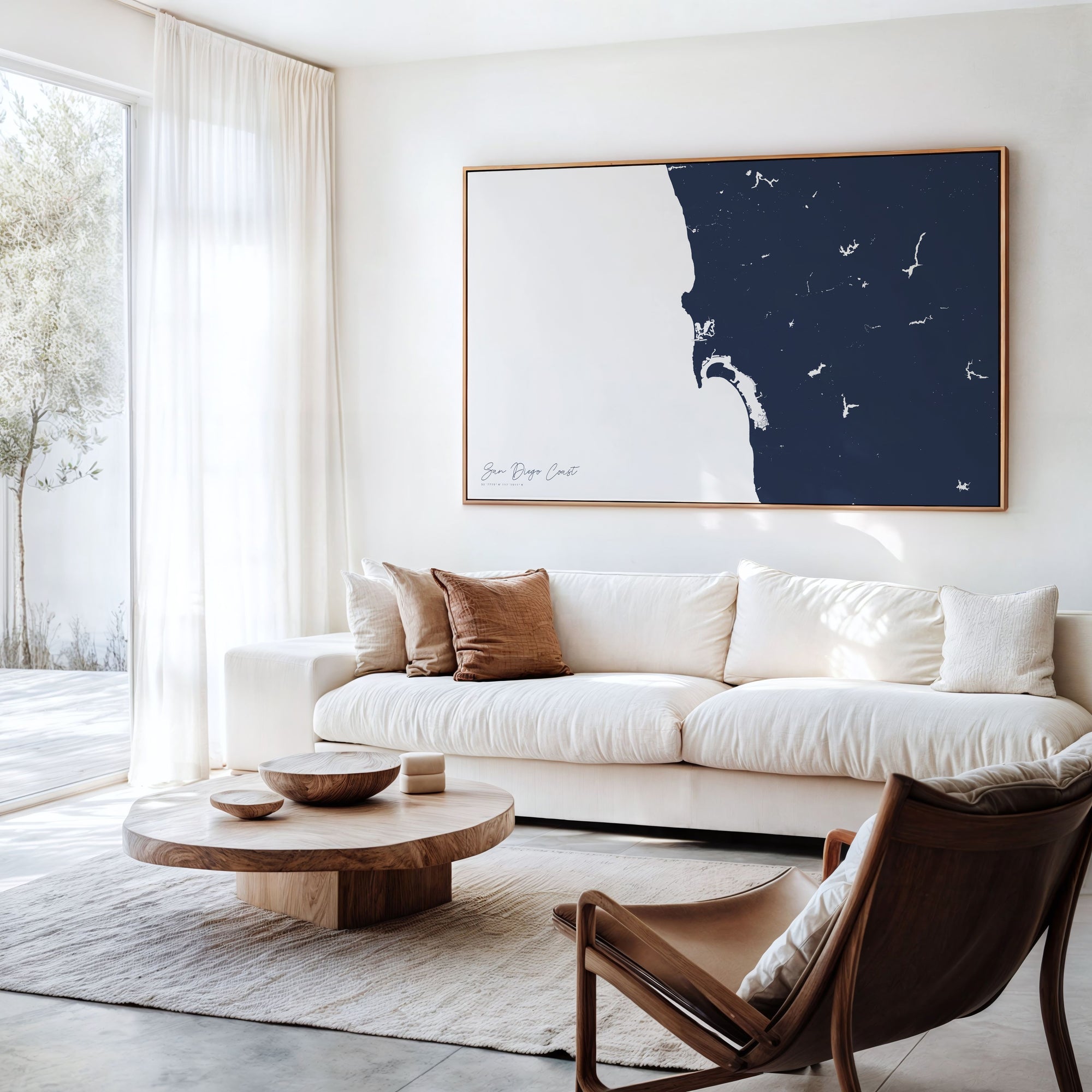 San Diego Coast navy horizontal canvas map in an oak framed room scene
